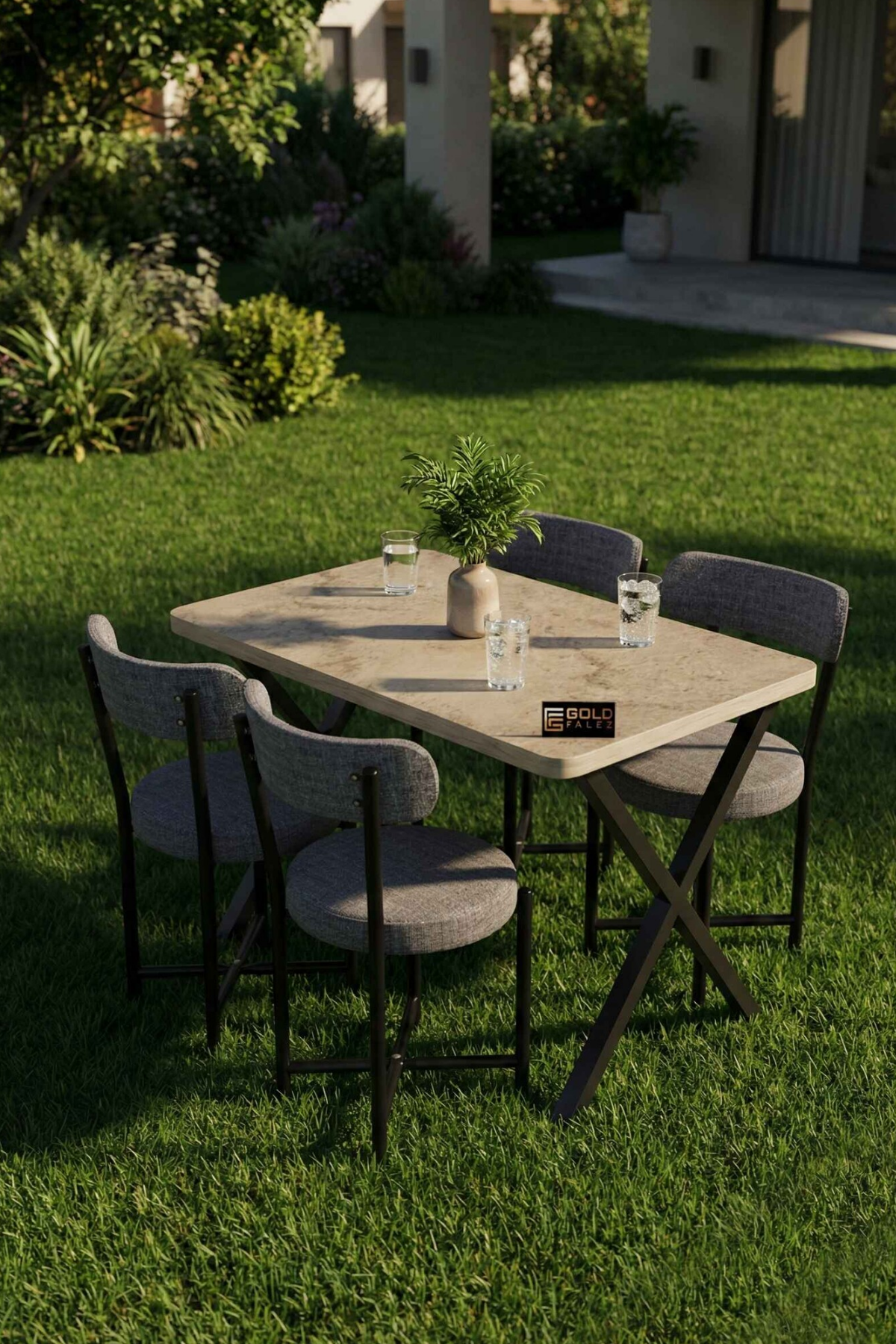 Reyo Falez Elma 110x70 cm Masa Takımı 4 Sandalyeli Modern Mutfak Balkon Kafe Yemek Masası Seti Traverten - Gri 9882
