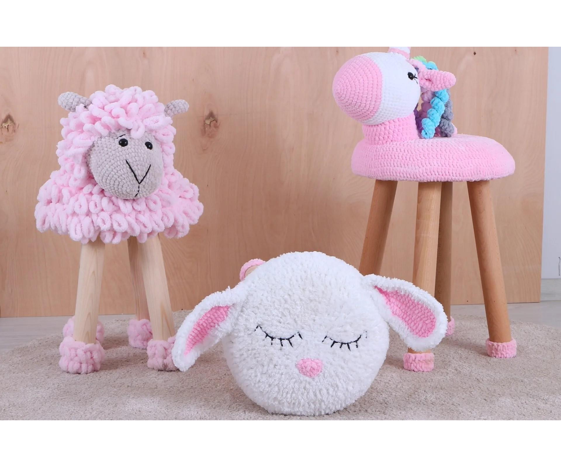 Reyo Hayvan Figürlü Ahşap Amigurumi Çocuk Taburesi Tavşan