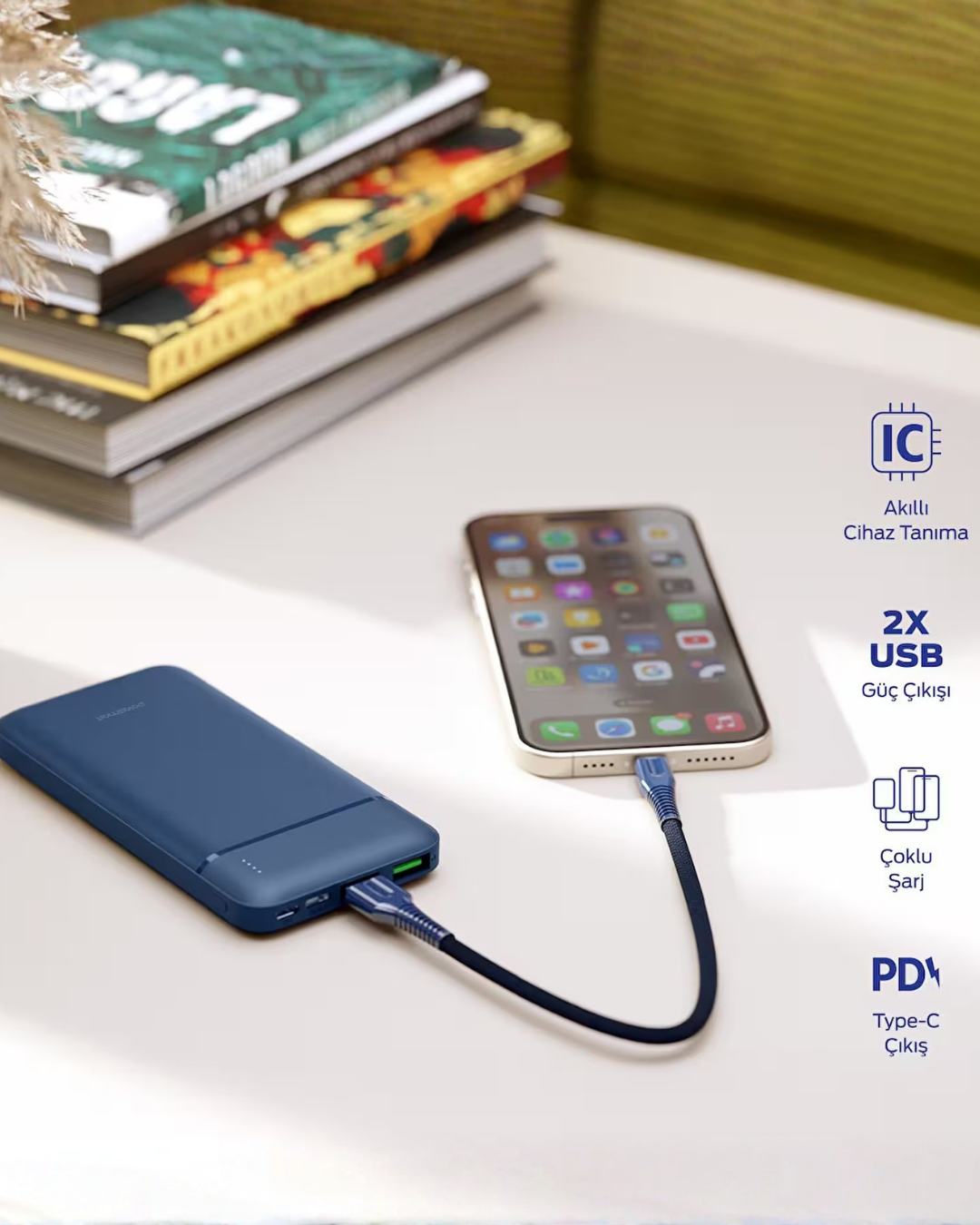 Polosmart PBS131 10000 mAh Type-C Girişli Çift USB Hızlı Şarj Cihazı Powerbank - Mavi