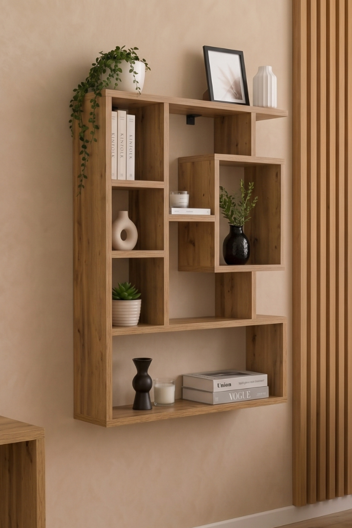 Enda Home Bigane Büyük Dekoratif Duvar Rafı 70,9 × 93,6 cm, Asimetrik Çok Bölmeli Duvara Monte Raf - Atlantik Çam