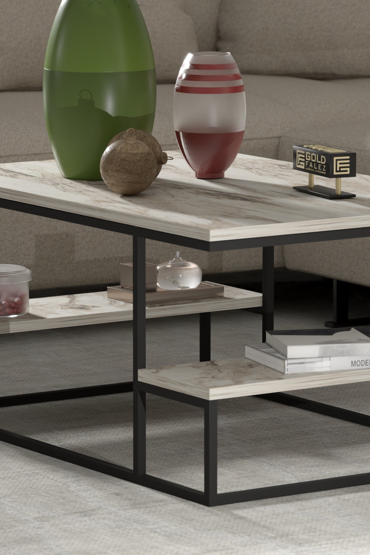 Reyo Falez Deluxe Raflı Orta Sehpa 60x90 cm Modern Dikdörtgen Orta Sehpa Mermer Desen