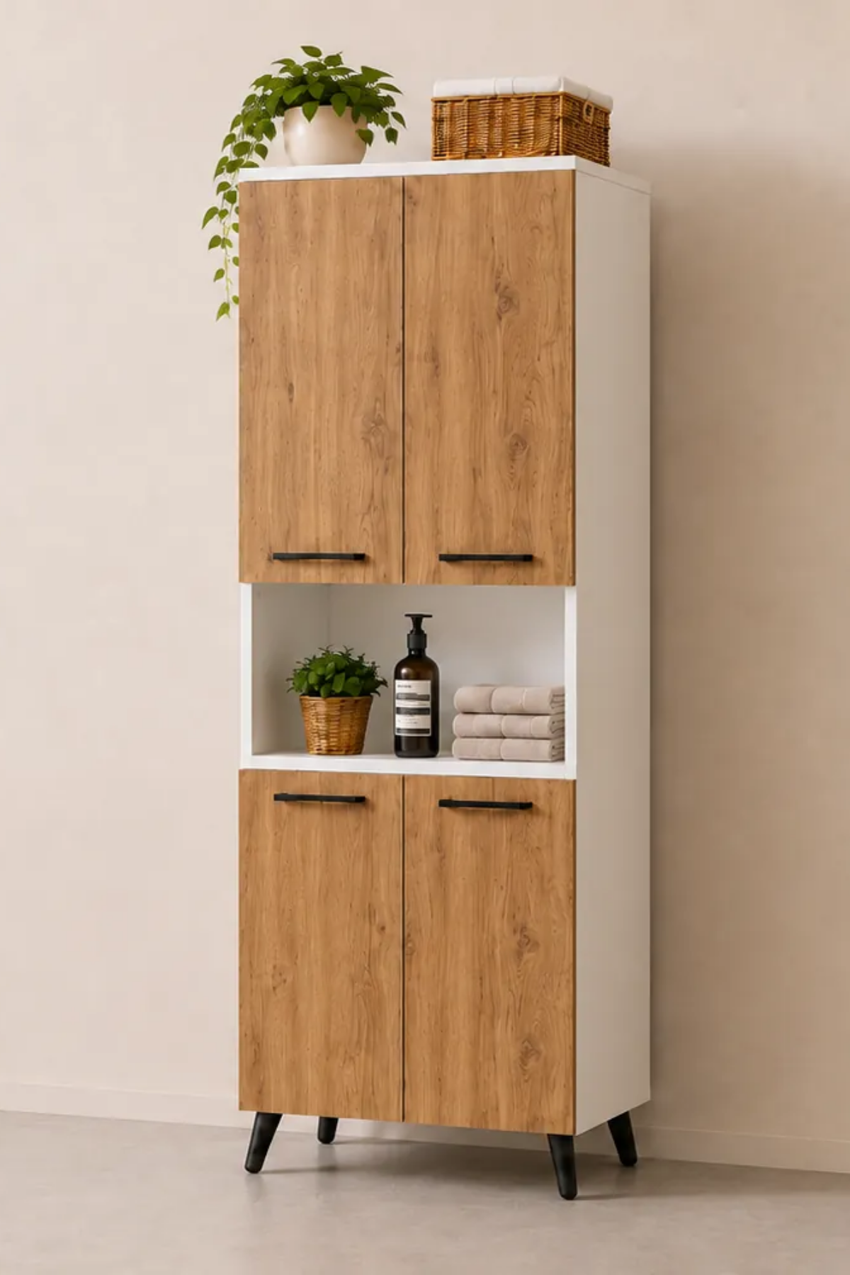 Enda Home Listra 4 Kapaklı Çok Amaçlı Dolap 170,8 cm,  Raflı, Ayaklı Depolama Dolabı Atlantik Çam - Beyaz