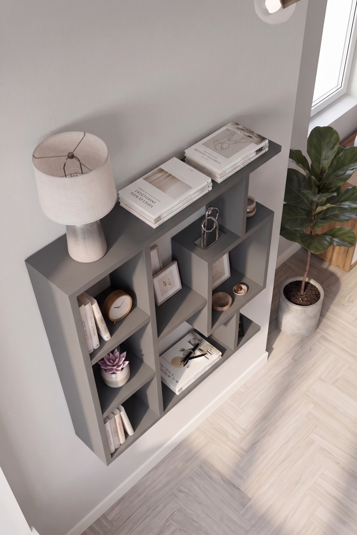 Enda Home Yegane Duvar Rafı, Duvar Kitaplığı, Dekoratif Kitaplık, Modern Kitaplık, Zeminde veya Duvarda Kullanıma Uygun Antrasit
