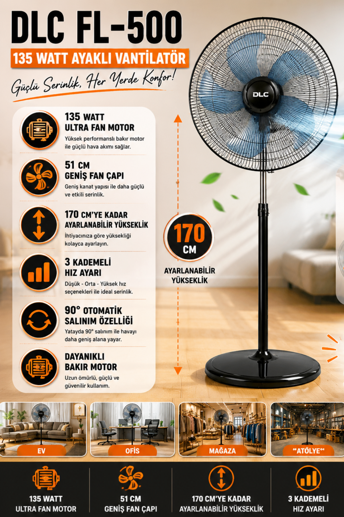 Dlc FL-500 135 Watt Ayaklı Vantilatör Siyah