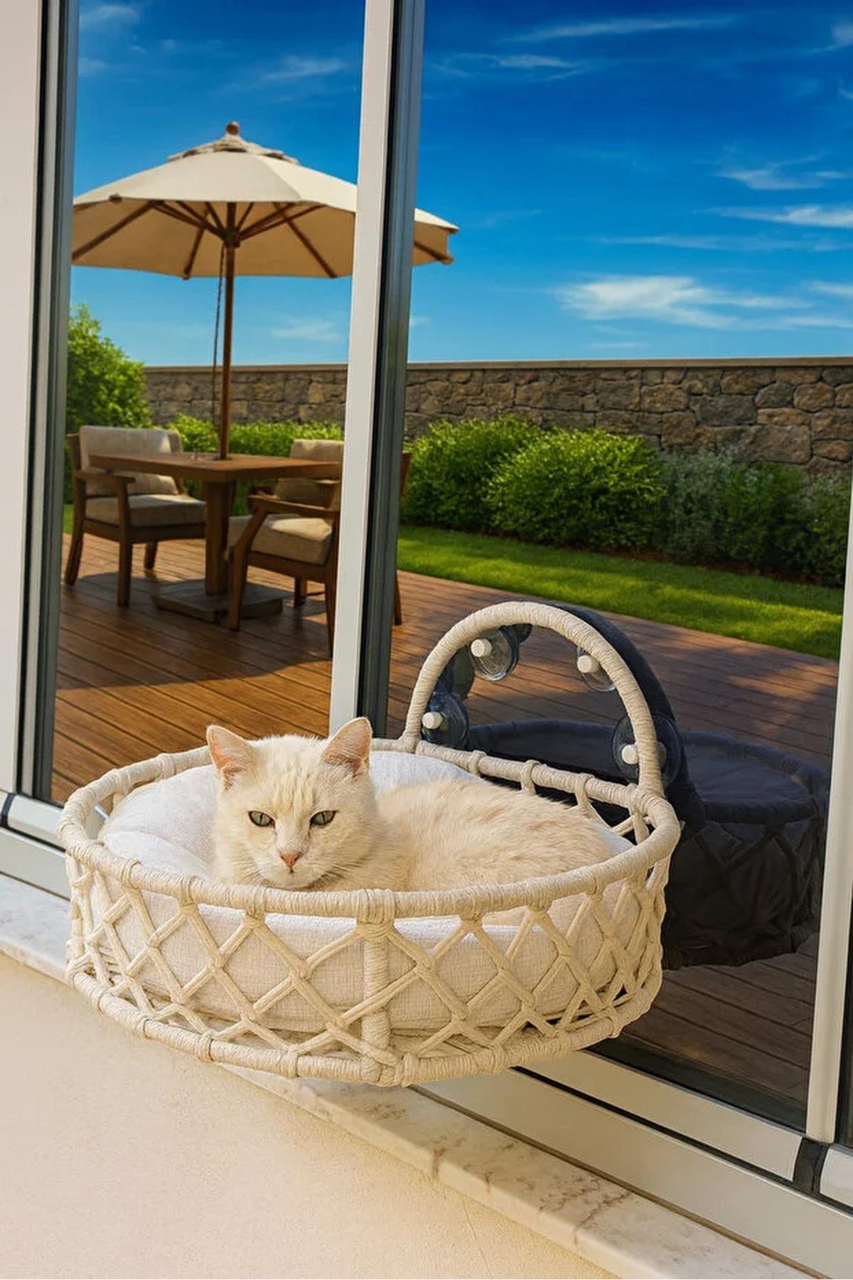 Tasaryum Kedi ve Köpek El Örgüsü Vantuzlu Cam Yatağı Hamak