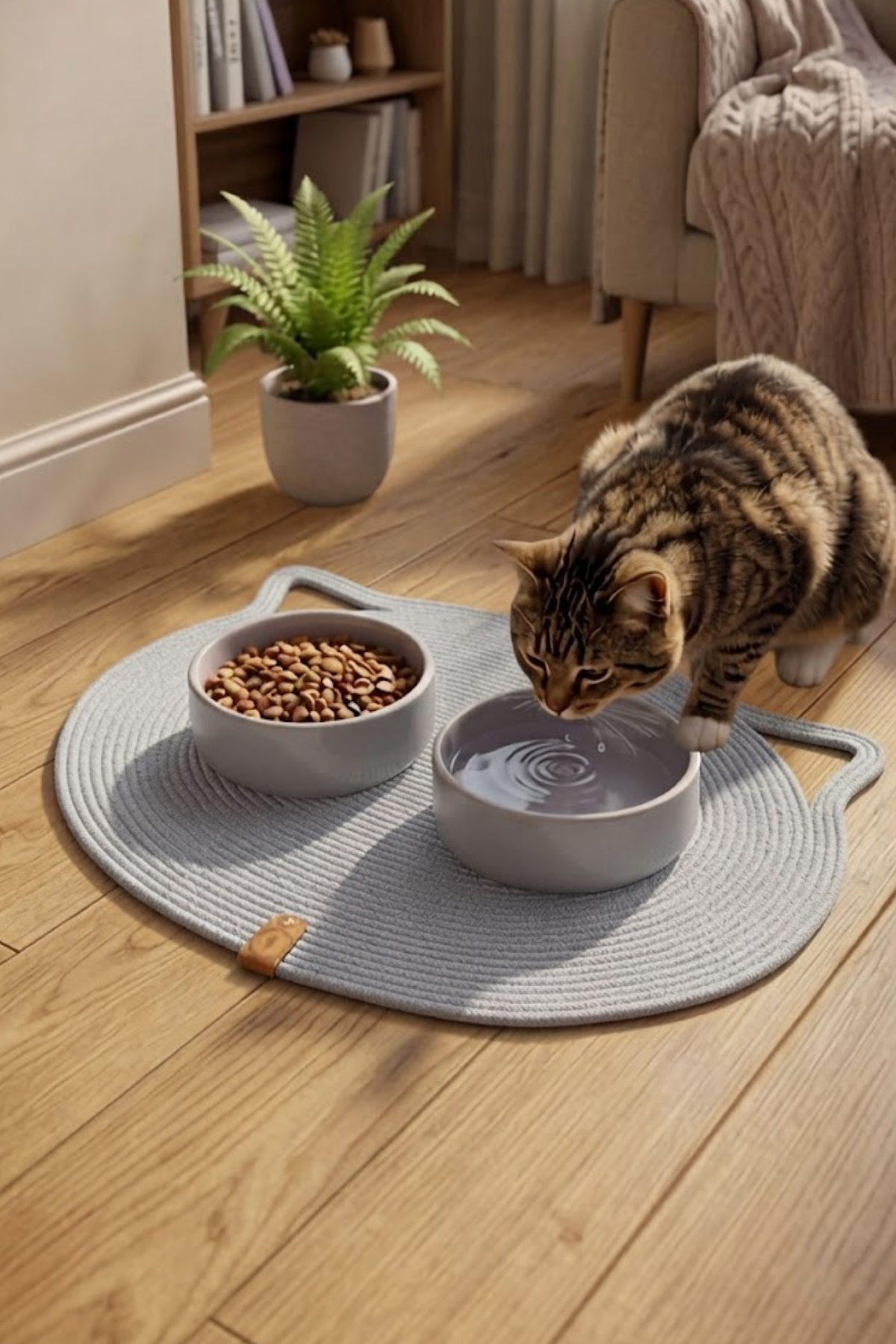Reyo Pet El Yapımı Kedi Kulaklı Tırmalama Matı, Kedi ve Köpek Mama Matı %100 Pamuk Gri