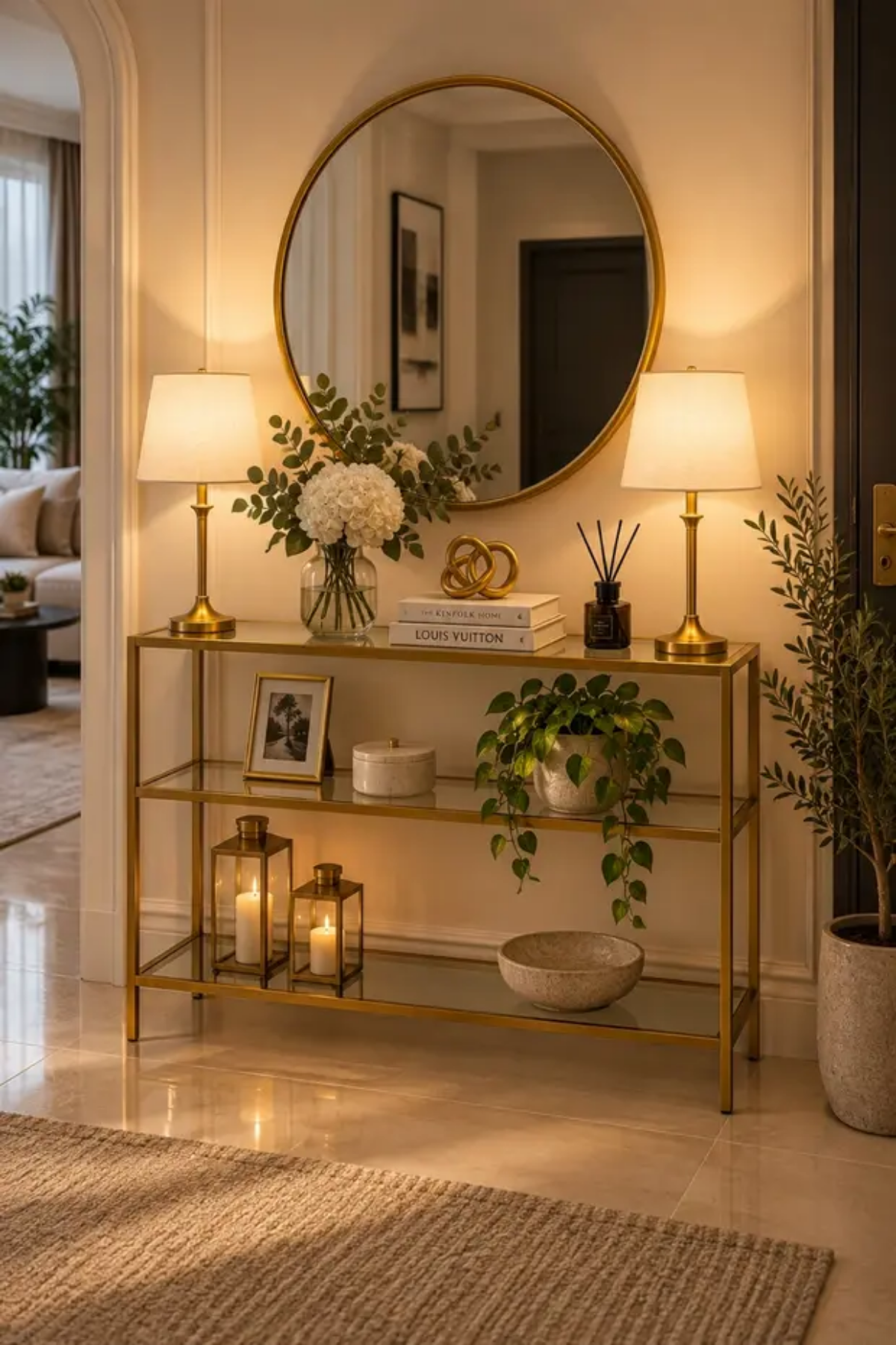 Reyo Celestina Şeffaf Camlı Gold Metal Salon Konsol Ünitesi 100cm