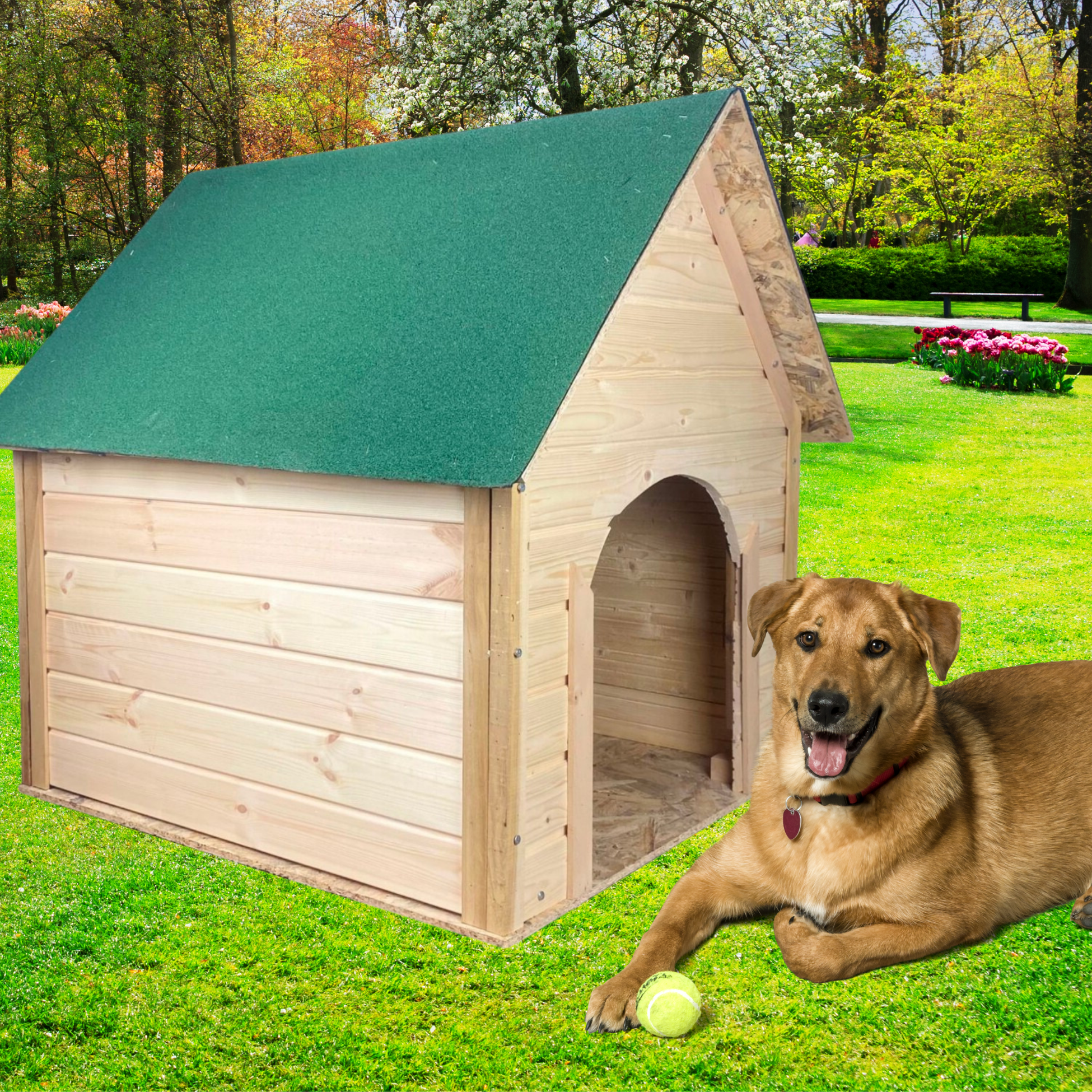 Reyo Pet Suya Soğuğa Dayanıklı Lüks Büyük Boy Ahşap Köpek Kulubesi Sokak Köpek Evi Yeşil Çatılı 100x100x78 cm