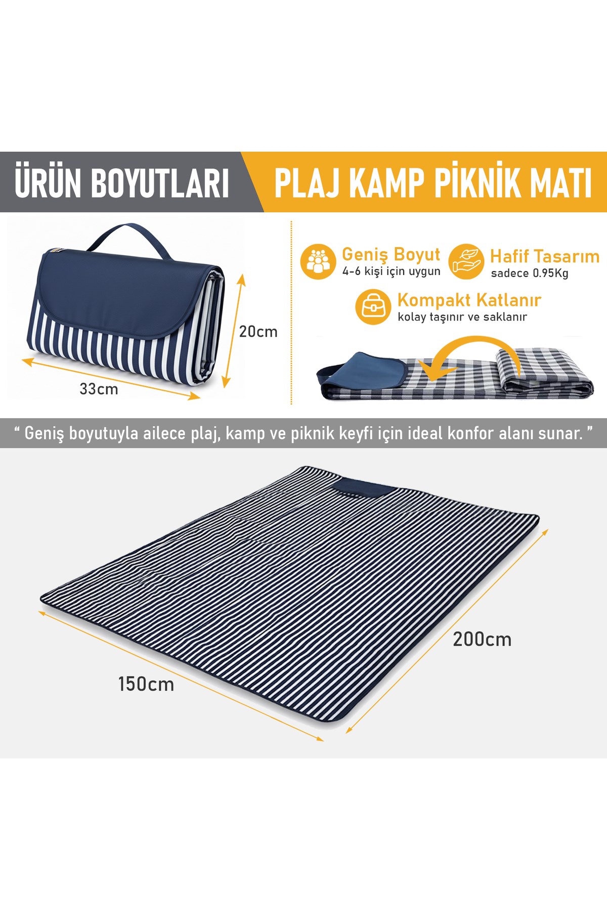 Haegs Piknik Örtüsü, Çanta Kamp Matı, Plaj Matı, Piknik Yer Örtüsü, Seyahat, Kamp, Outdoor, Kum Tutmaz, Su Geçirmez, Katlanabilir 200x150cm - Mavi Beyaz Çizgili