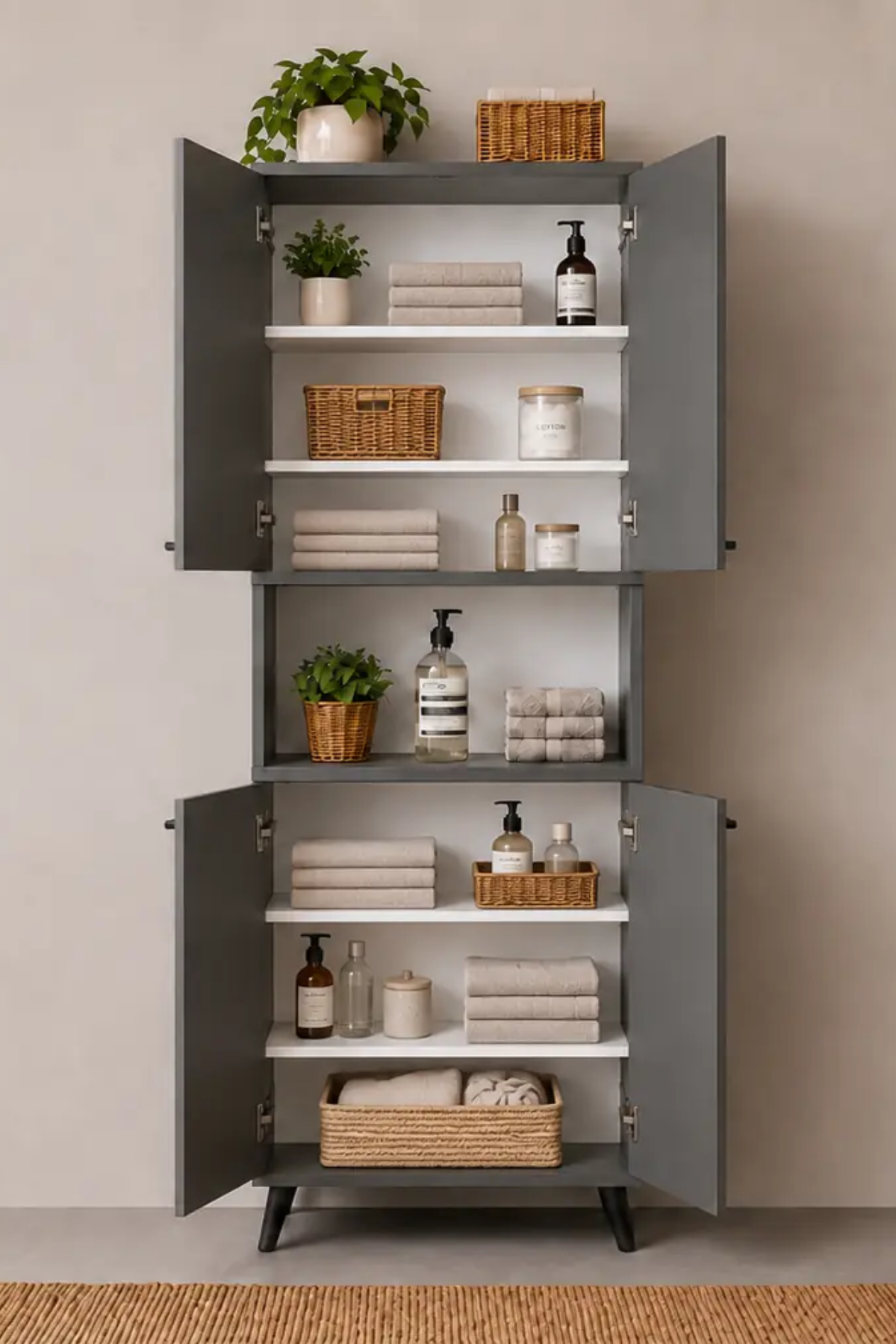 Enda Home Listra 4 Kapaklı Çok Amaçlı Dolap 170,8 cm,  Raflı, Ayaklı Depolama Dolabı - Antrasit
