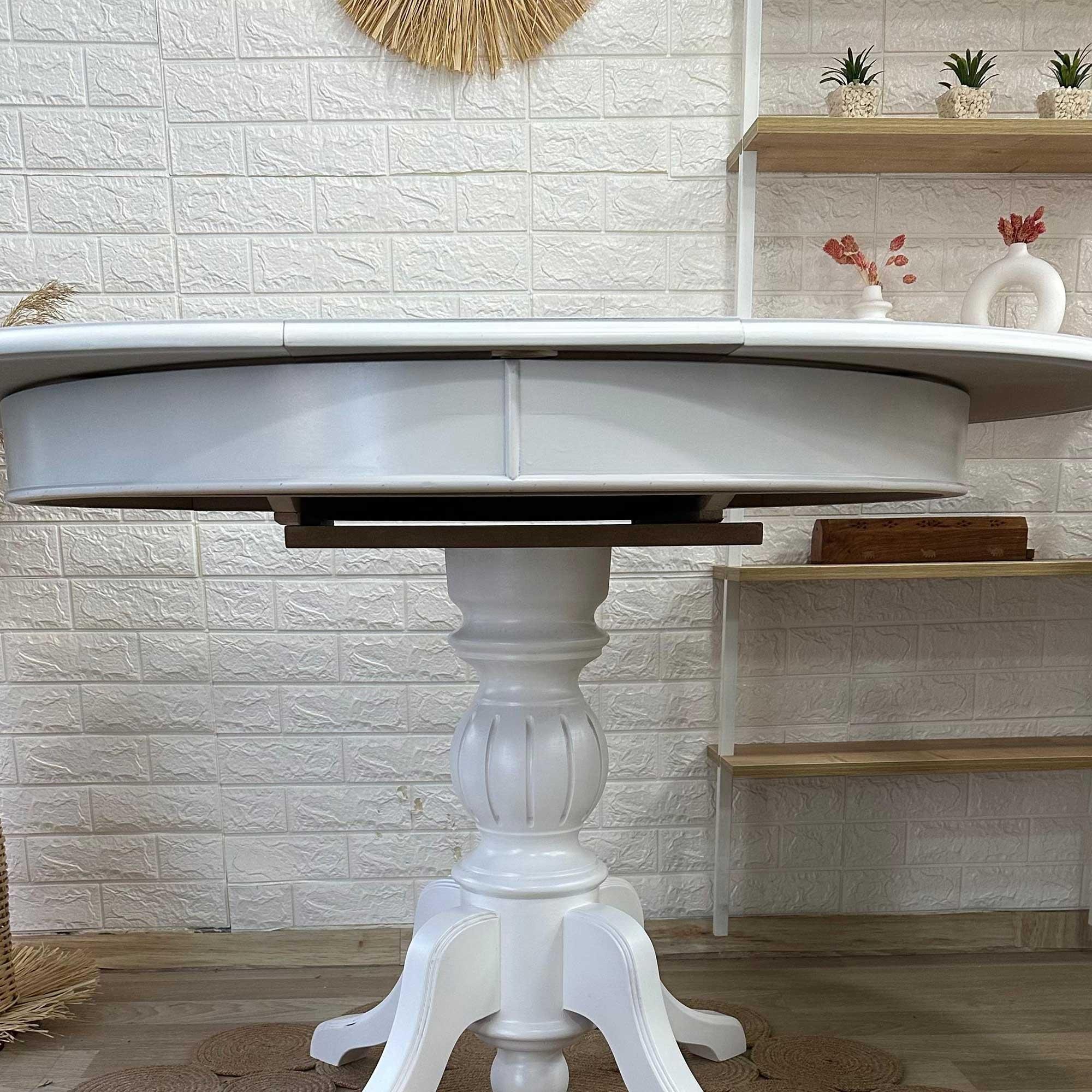 Reyo 90cm Açılır Yuvarlak Baba Ayaklı Yemek Masası, Mutfak Masası Mat Beyaz