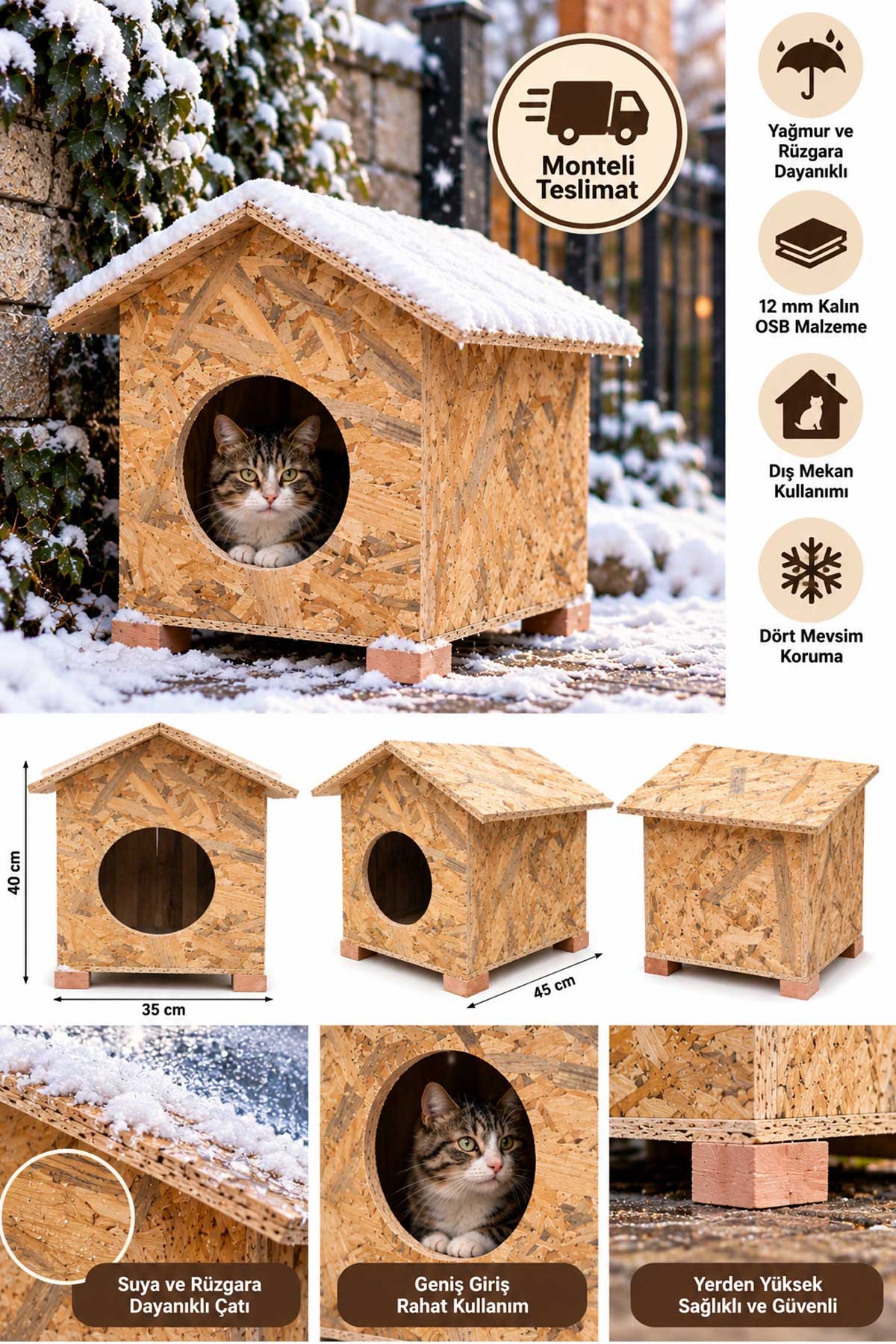 Reyo 35x45x40 cm Monte Edilmiş Kedi Evi, Yağmur ve Rüzgar Geçirme Kedi Yuvası, Sokak Canları İçin Barınak Cat30 