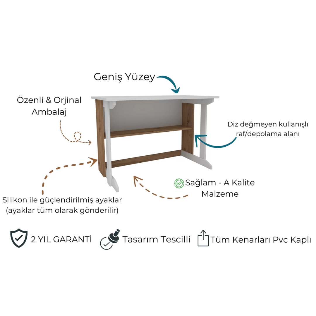 Enda Home Pillar Kütüphaneli Geniş Çalışma Masası 100x56 Cm Atlantik Çam - Beyaz