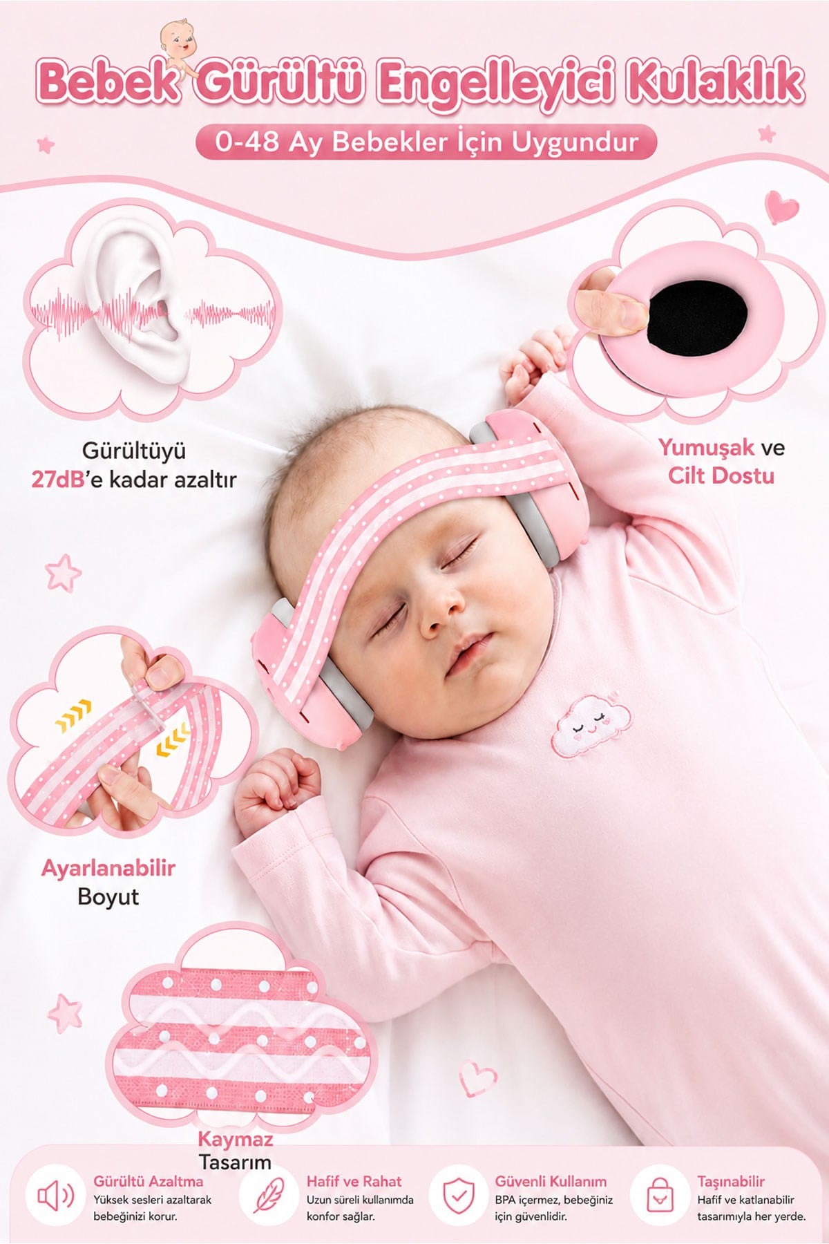 Reyo Bebek Gürültü Önleyici Kulaklık, İşitme Koruyucu Bebek Kulaklığı, Konser, Uçak, Seyahat, Düğün ve Maç İçin Gürültü Azaltıcı Bebek Kulaklığı 0-4 Yaş Pembe