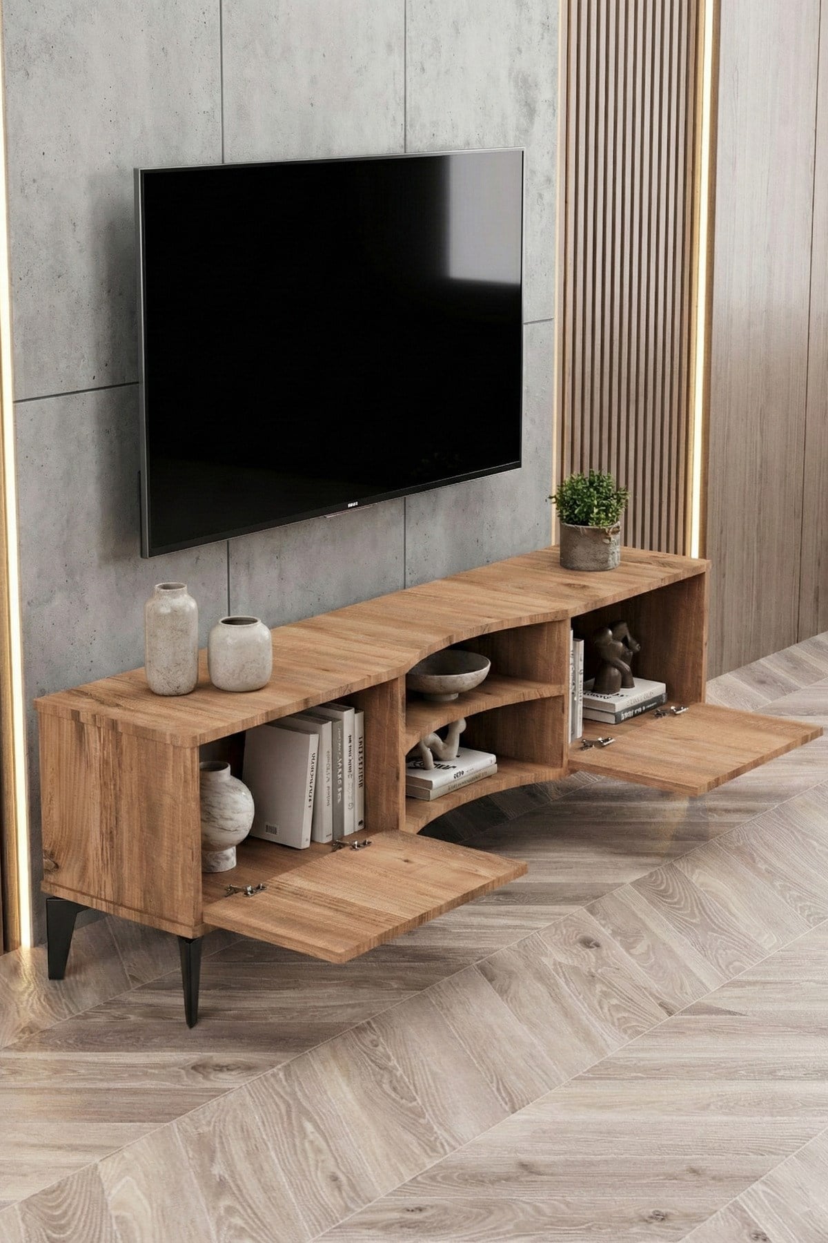 Reyo Falez Vera Tv Sehpası 160x35x50 cm Çok Amaçlı Televizyon Ünitesi Raflı Dolaplı Salon Oturma Odası 5055 Atlantik
