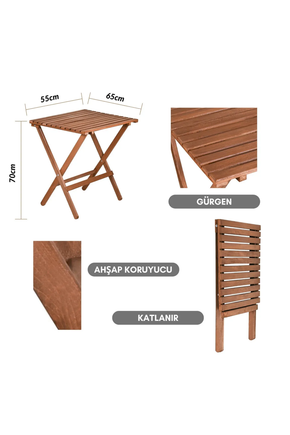 BySay Ahşap Katlanır 3'lü Bistro Seti Mutfak Balkon Bahçe Teras Masa Sandalye Seti Ceviz