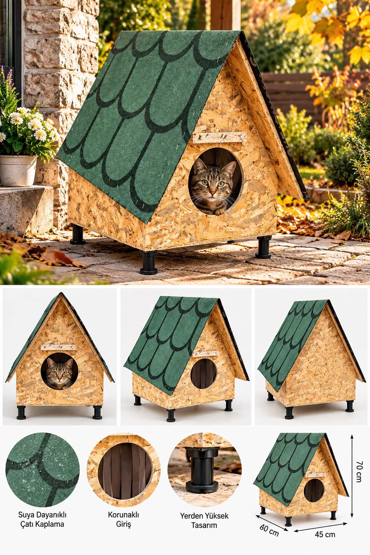 Narım Bungalov Çatılı Kedi Evi, Büyük Boy Kedi Barınağı Isıya Rüzgara ve Suya Dayanıklı Çatı 45x60x70 cm, Monteli Teslimat