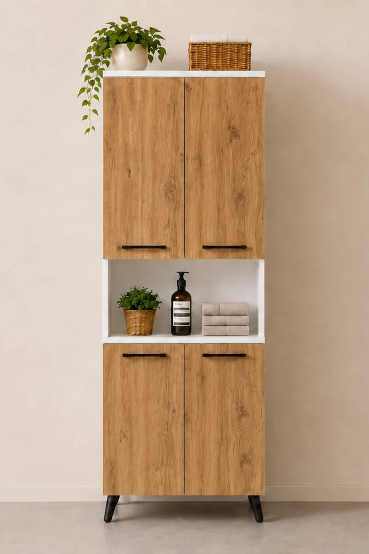 Enda Home Listra 4 Kapaklı Çok Amaçlı Dolap 170,8 cm,  Raflı, Ayaklı Depolama Dolabı Atlantik Çam - Beyaz