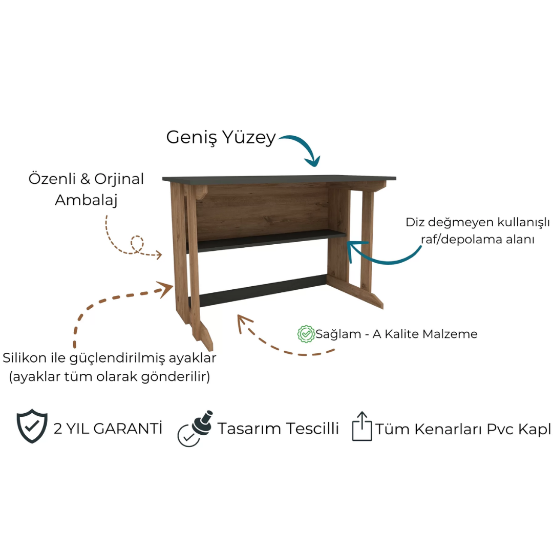 Enda Home Pillar Kütüphaneli Geniş Çalışma Masası 100x56 Cm Çam - Antrasit
