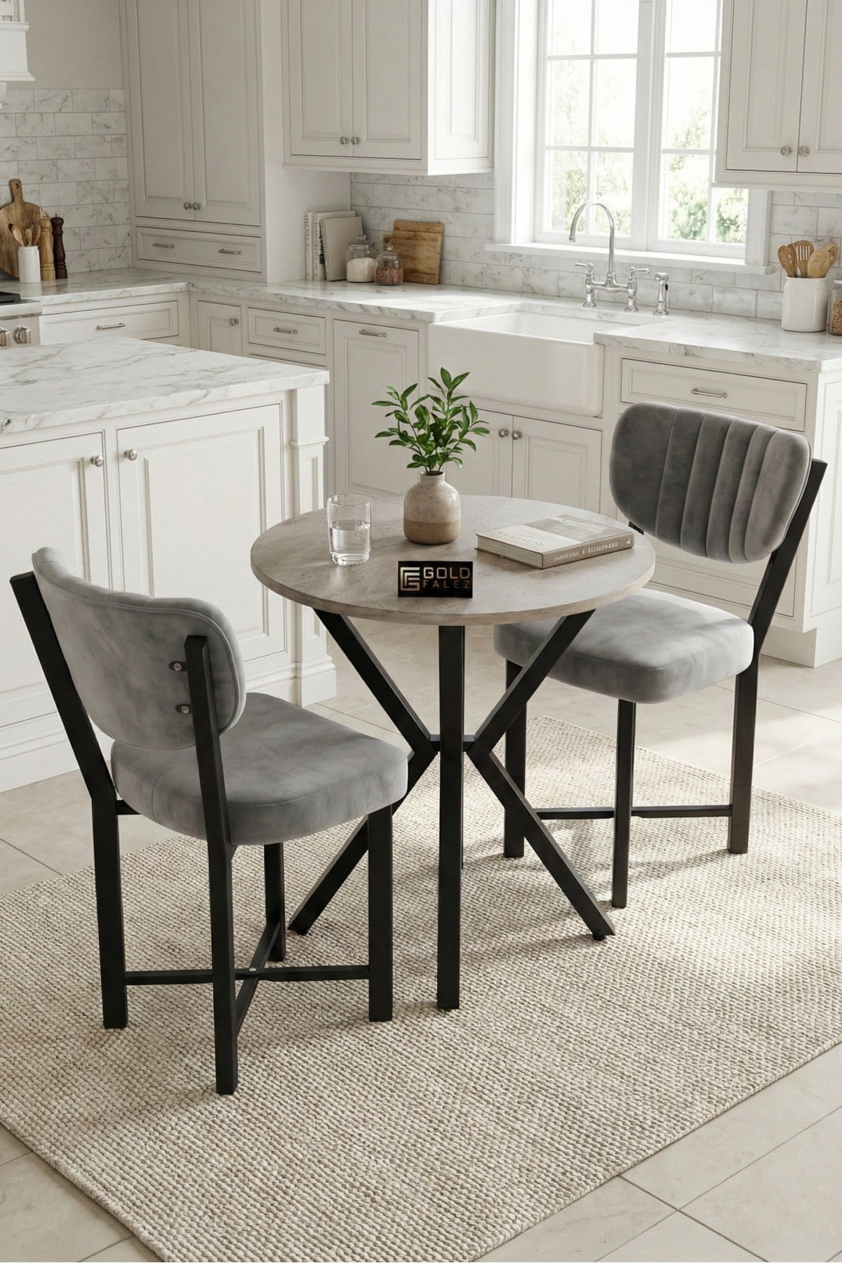 Reyo Falez Elma 70 cm Yuvarlak Masa Takımı 2 Sandalyeli Modern Mutfak Balkon Yemek Masası Seti Traverten - Gri 9846