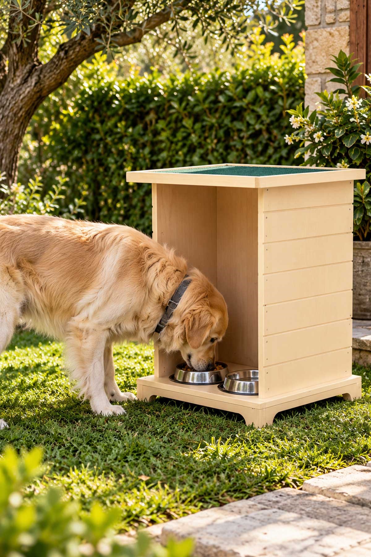 Reyo Büyük Boy Köpek Ahşap Mama İstasyonu, Kedi Mama İstasyonu Su Geçirmez Memran Çatılı, Uzun Ömürlü Kullanım Naturel DOGMİ 