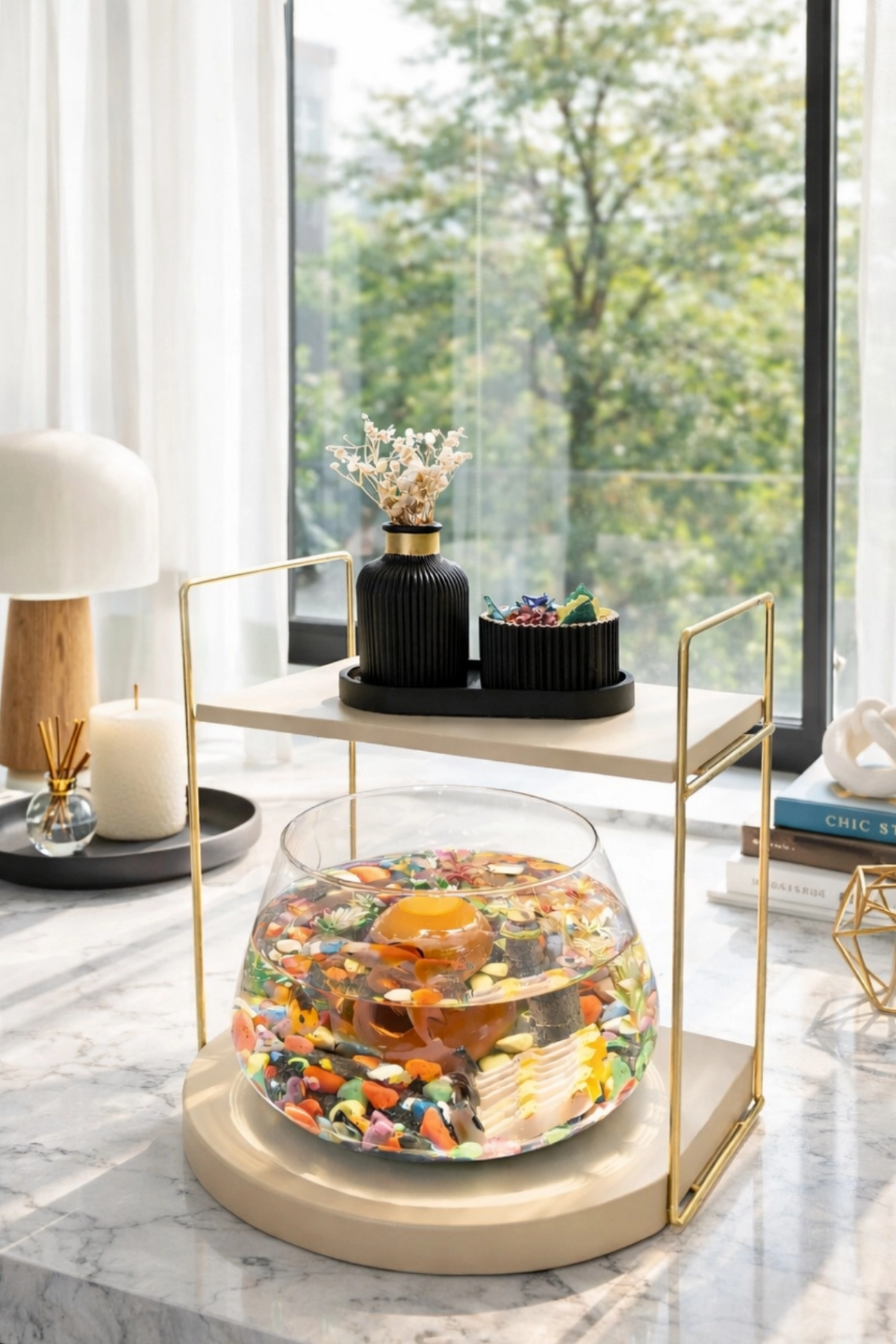 Reyo OK-AY Store Düz Raflı Işıklı Lüks Cam Fanus İçinde Beta Balığı İçin Özel Tasarım Masa Üstü Dekoratif Akvaryum Gold-Krem