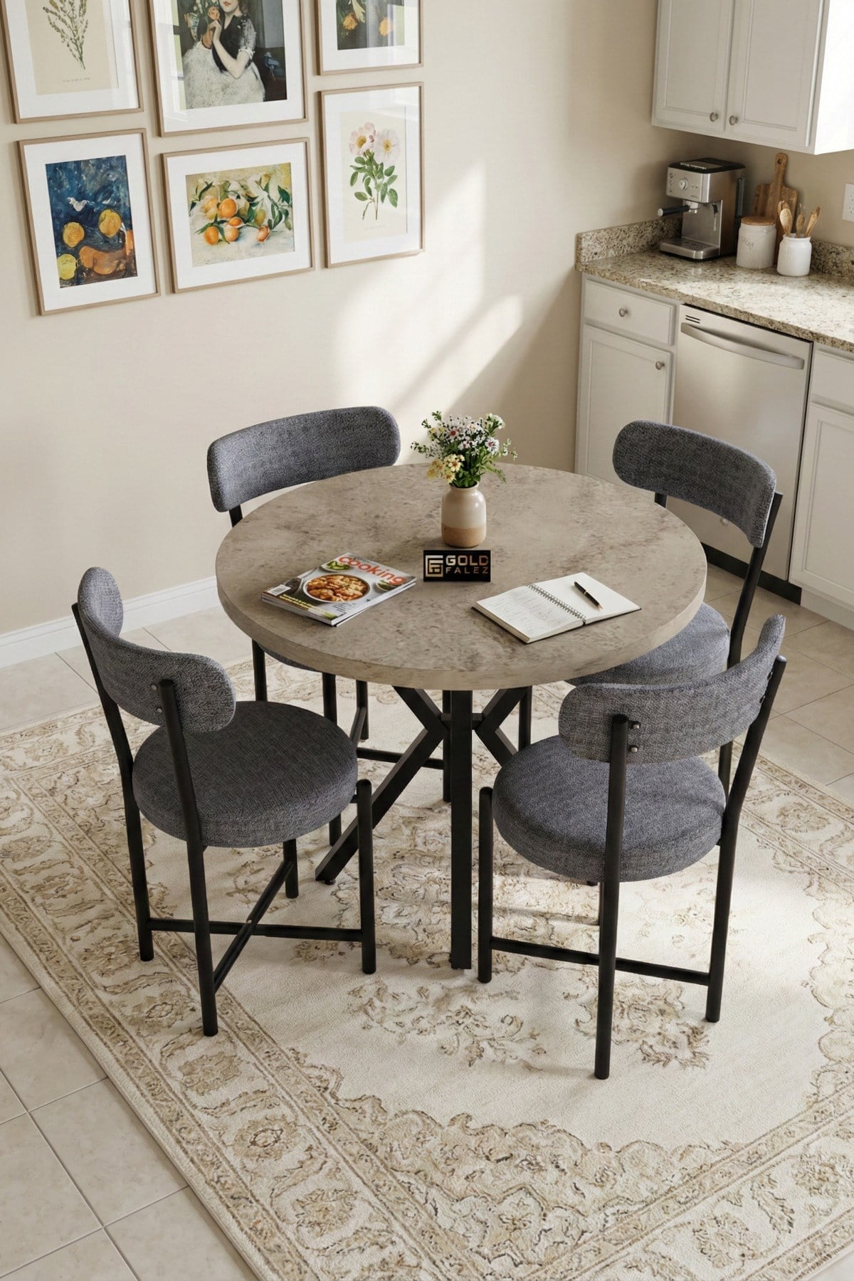 Reyo Falez Teddy 90 cm Yuvarlak Masa Takımı 4 Sandalyeli Modern Mutfak Balkon Kafe Yemek Masası Seti Traverten - Gri 9862