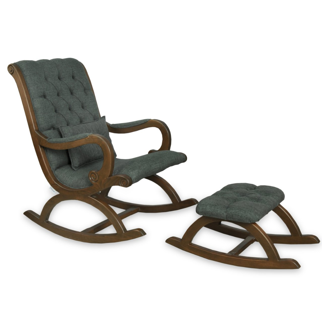 Asedia Rustik Puflu Ceviz Nefti Yeşil Sallanan Sandalye