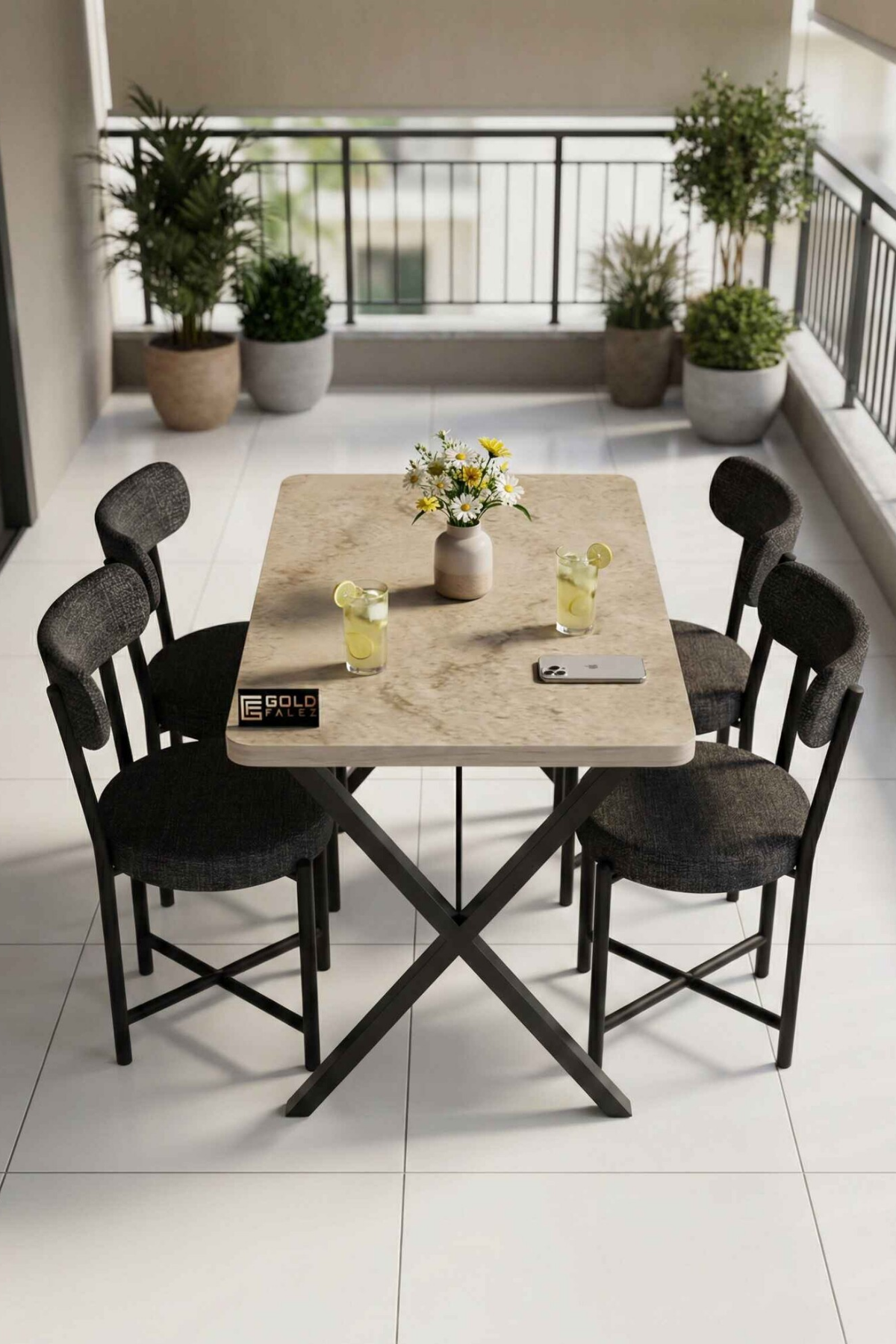 Reyo Falez Elma 110x70 cm Masa Takımı 4 Sandalyeli Modern Mutfak Balkon Kafe Yemek Masası Seti Traverten - Antrasit 9883