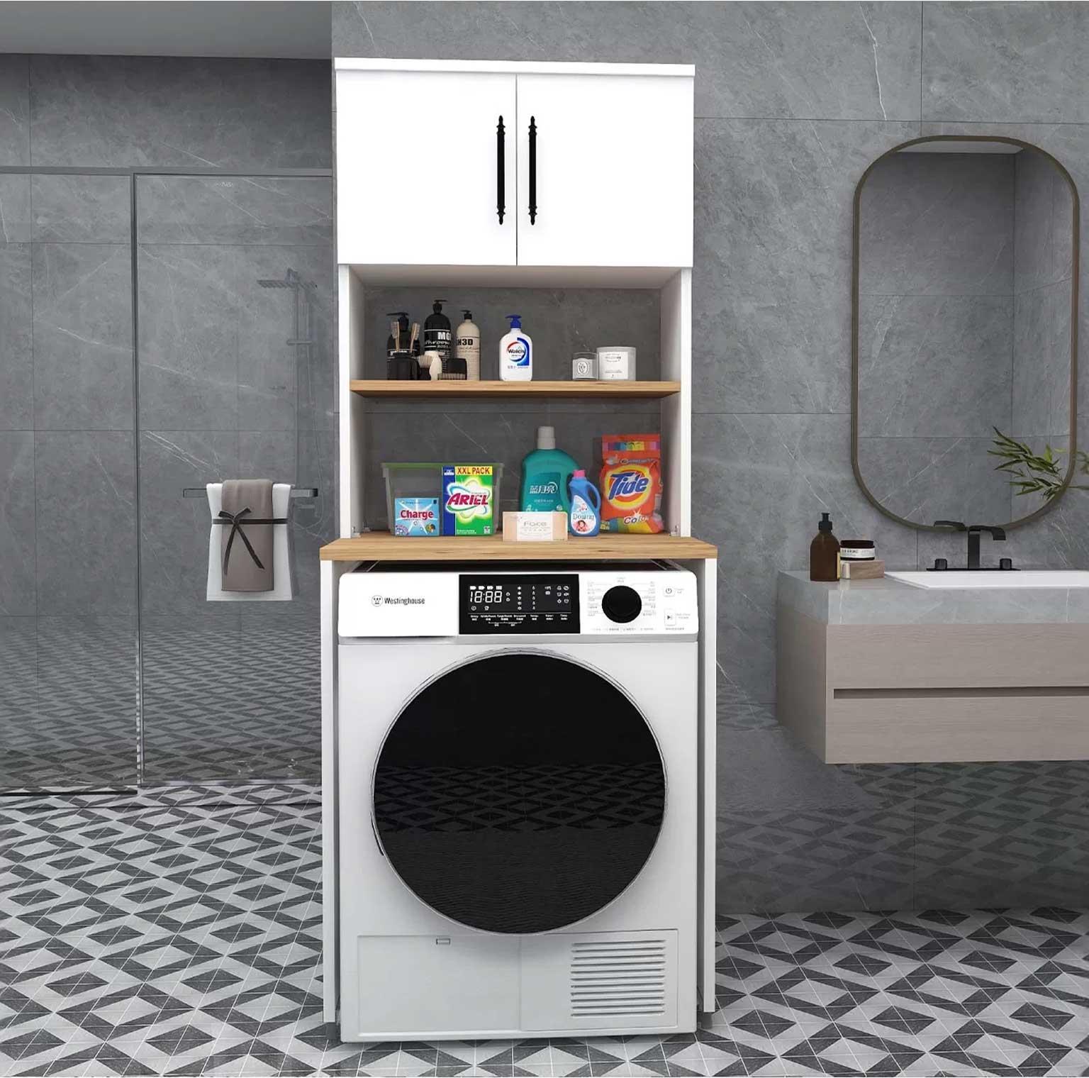 Enda Home Çamaşır Makinesi Dolabı 3 Raflı Kapaklı Banyo Dolabı Atlantik Çam - Beyaz