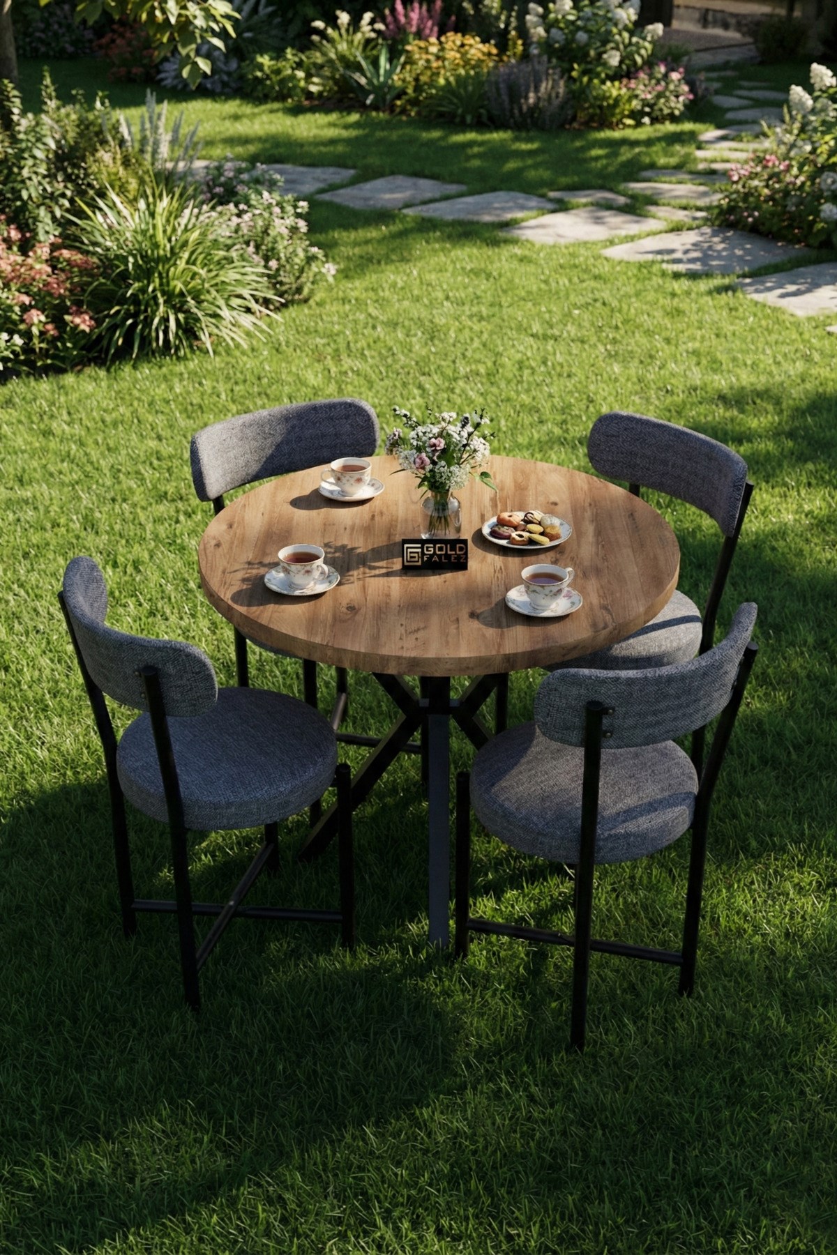 Reyo Falez Teddy 90 cm Yuvarlak Masa Takımı 4 Sandalyeli Modern Mutfak Balkon Kafe Yemek Masası Seti Atlantik Çam Gri 9860
