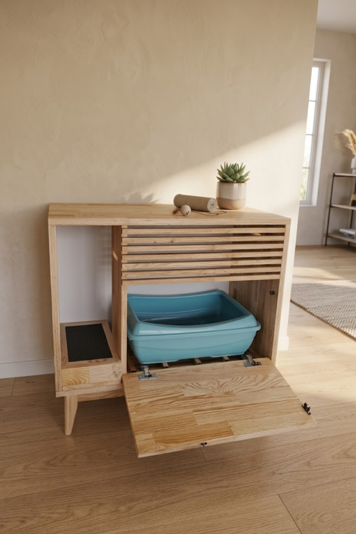Reyo Pet Ahşap Kedi Tuvaleti Dolabı – 1. Sınıf Masif Panel Kapalı Kedi Tuvaleti