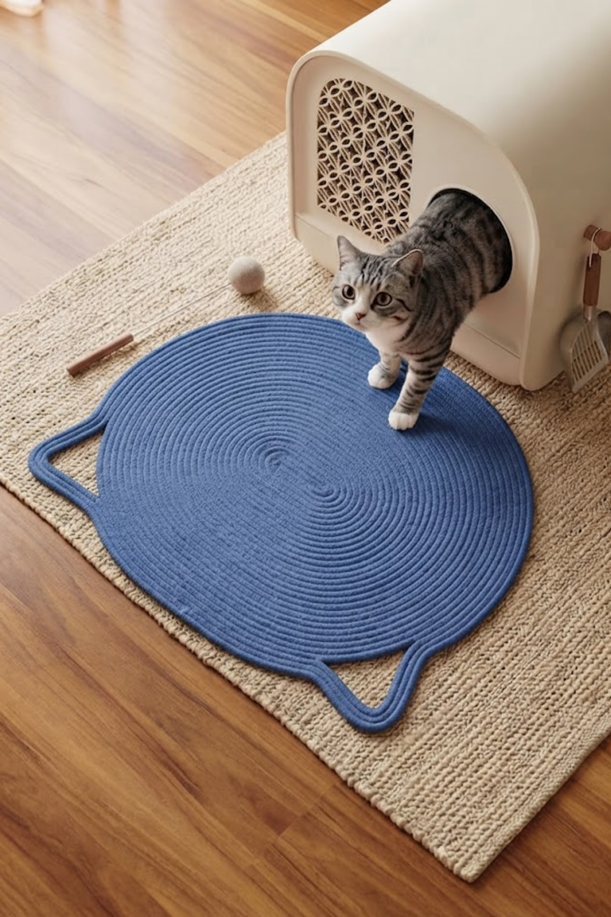 Reyo Pet El Yapımı Kedi Kulaklı Tırmalama Matı, Kedi ve Köpek Mama Matı %100 Pamuk Mavi