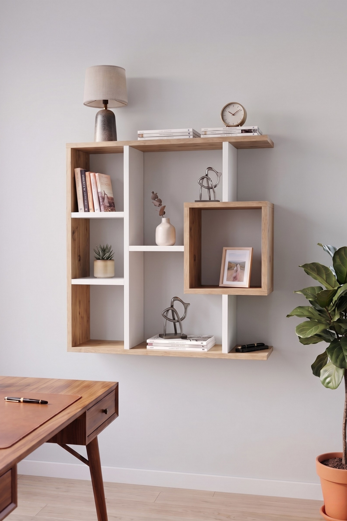 Enda Home Yegane Duvar Rafı, Duvar Kitaplığı, Dekoratif Kitaplık, Modern Kitaplık, Zeminde veya Duvarda Kullanıma Uygun Beyaz - Çam