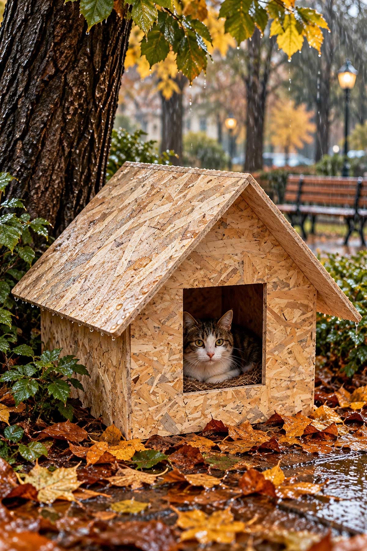 Reyo Kedi Evi, Dış Ortam Uygun Ahşap Kedi Yuvası, Kedi Barınağı Rüzgar ve Soğuğa Dayanıklı OSB Malzeme 46x34x34 cm CAT26