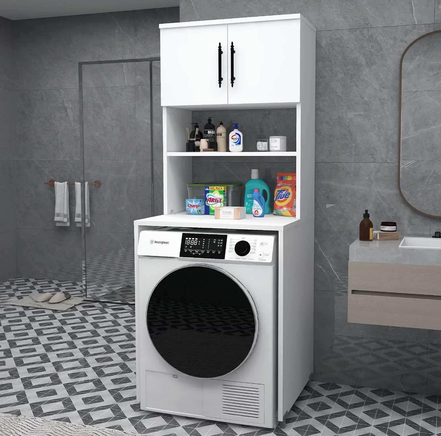 Enda Home Çamaşır Makinesi Dolabı 3 Raflı Kapaklı Banyo Dolabı Mat Beyaz