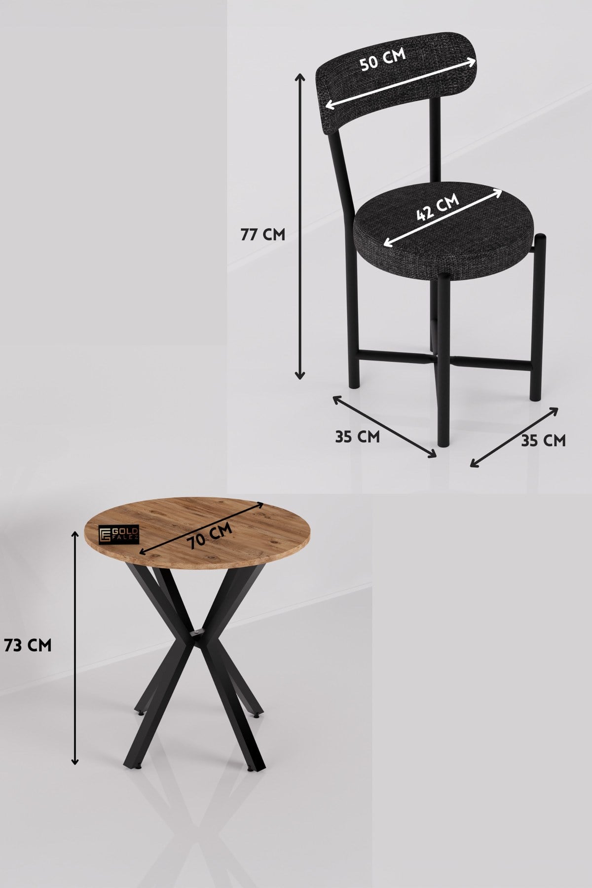 Reyo Falez Teddy 70 cm Yuvarlak Mutfak Masa Takımı 2 Sandalyeli Modern Bahçe Balkon Kafe Seti Atlantik Çam- Antrasit 9841