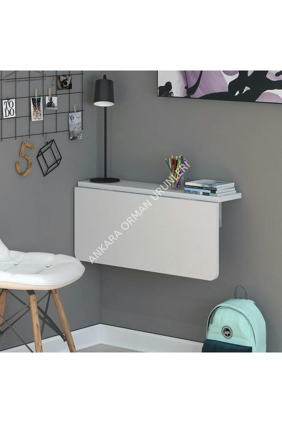 Ankara Orman Ürünleri 90x60cm Beyaz Oval Köşeli Açılır Kapanır Duvara Monte Raf Masa Mutfak Masası