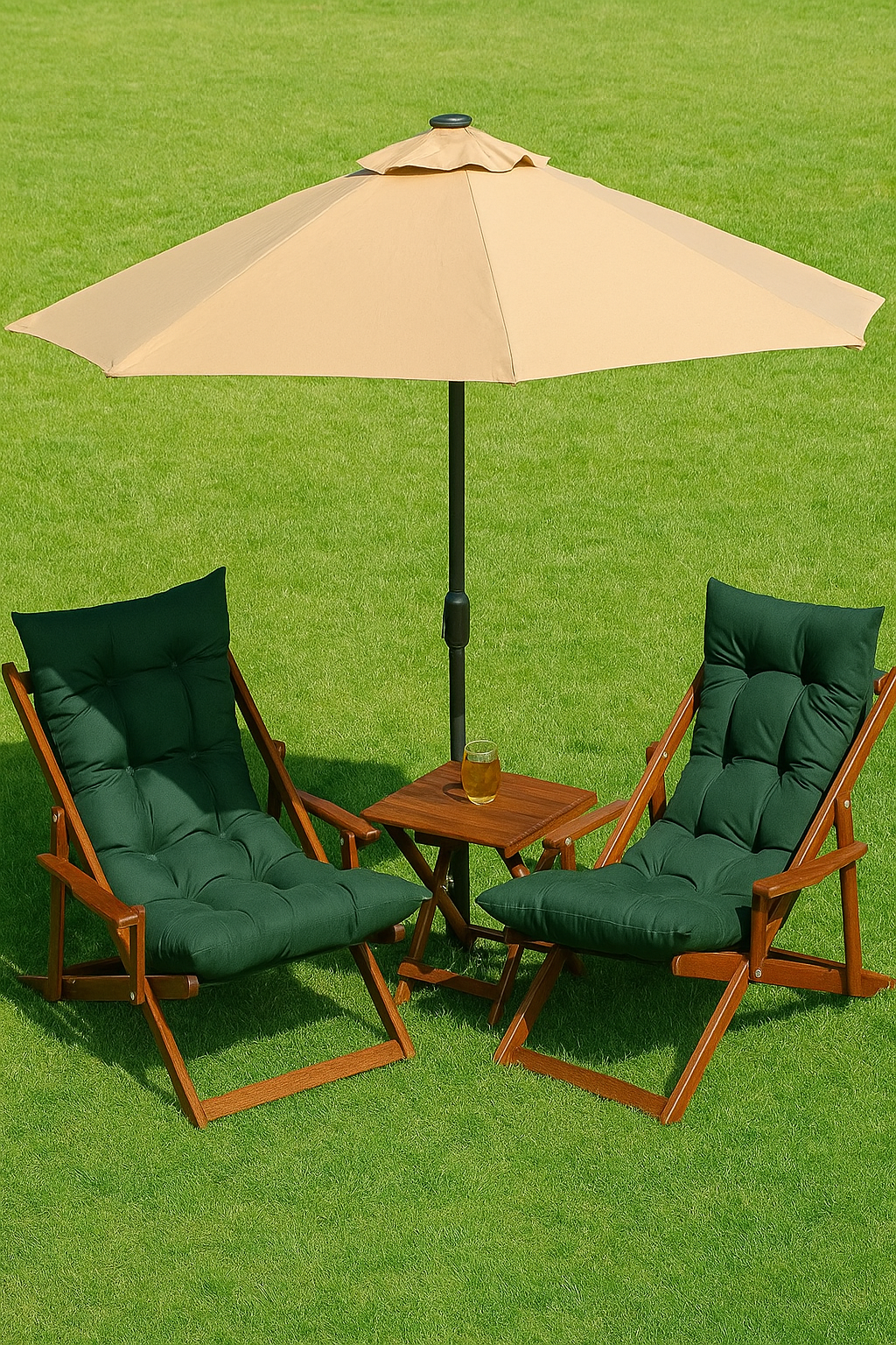 Bysay Ahşap Katlanabilir Taşınır Puf Minderli Kollu Kademeli Şezlong Plaj, Bahçe Şezlong 3lü Set Ceviz-Yeşil