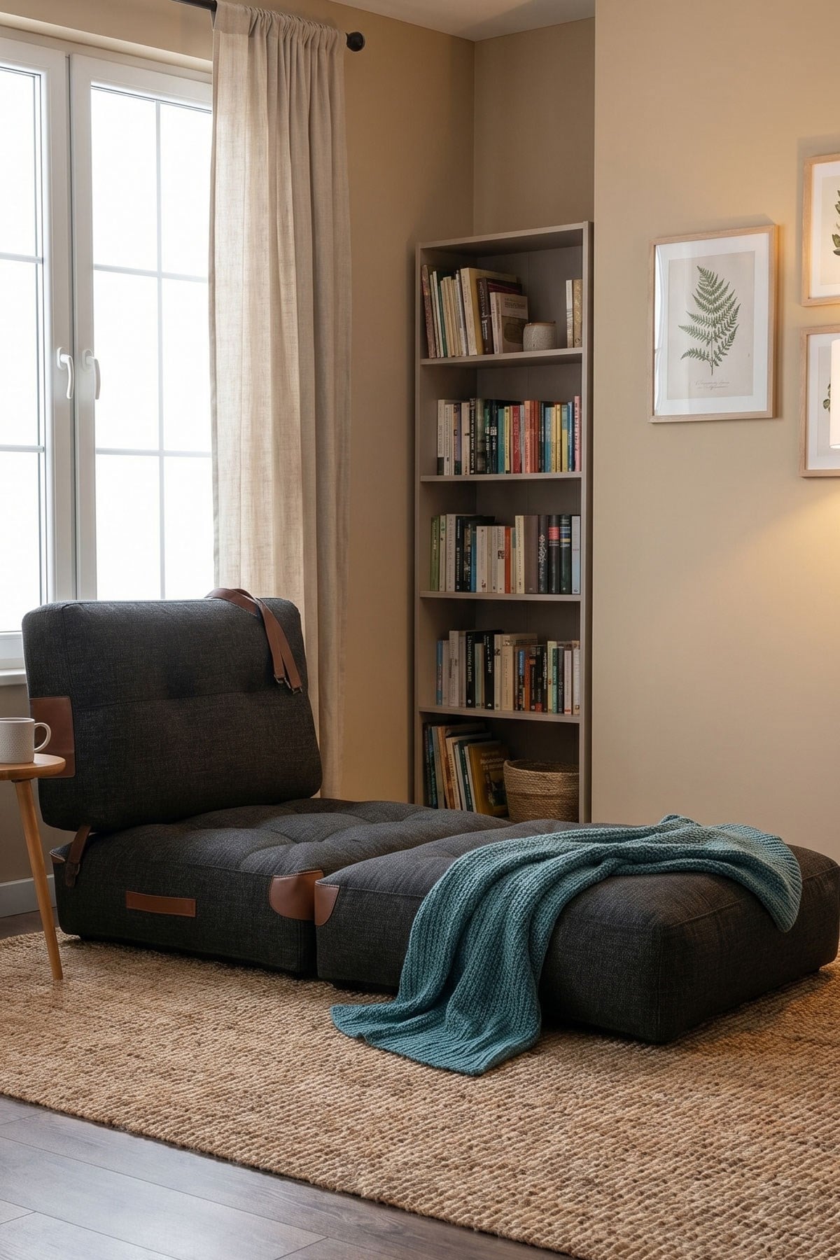 Pufymax Comfy Yeni Nesil Bohem Tekli Koltuk Yatak Olabilen Katlanır Berjer & Modüler Yer Yatağı 75x75x 85 cm Keten Siyah