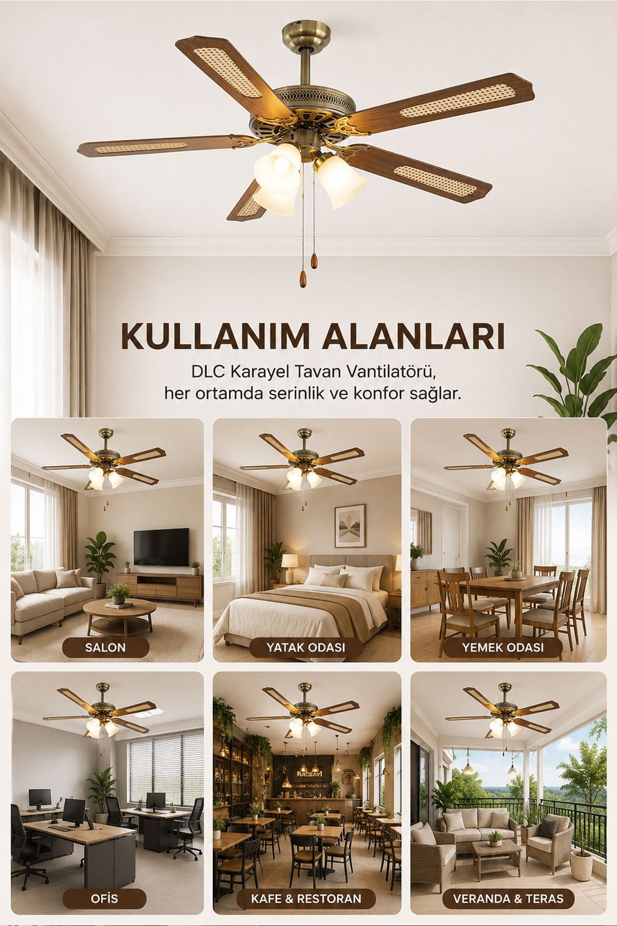Dlc Karayel 132cm Bakır Motor 3 Lambalı Tavan Vantilatörü Ahşap
