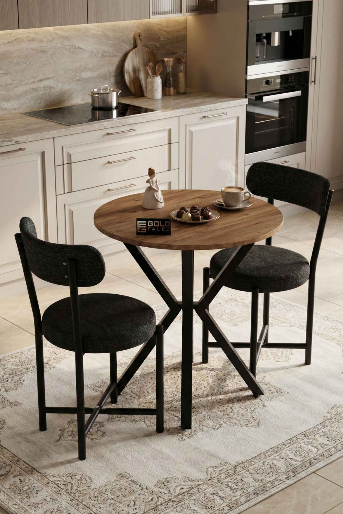 Reyo Falez Teddy Mutfak Masası 70 Çap, Yuvarlak, 2 Sandalyeli  Bahçe Balkon Masa Takımı Modern Set Atlantik Çam-Antrasit