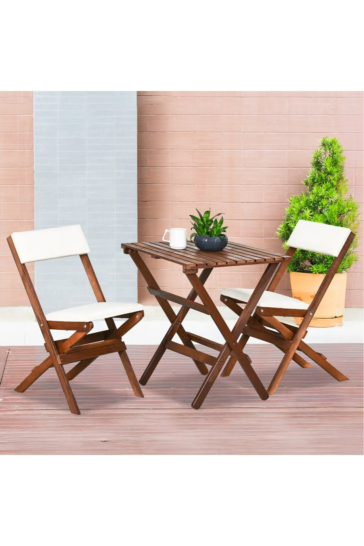 BySay Ahşap Katlanır Döşeme Minderli 3'lü Bistro Set Bahçe Takımı Ceviz Krem