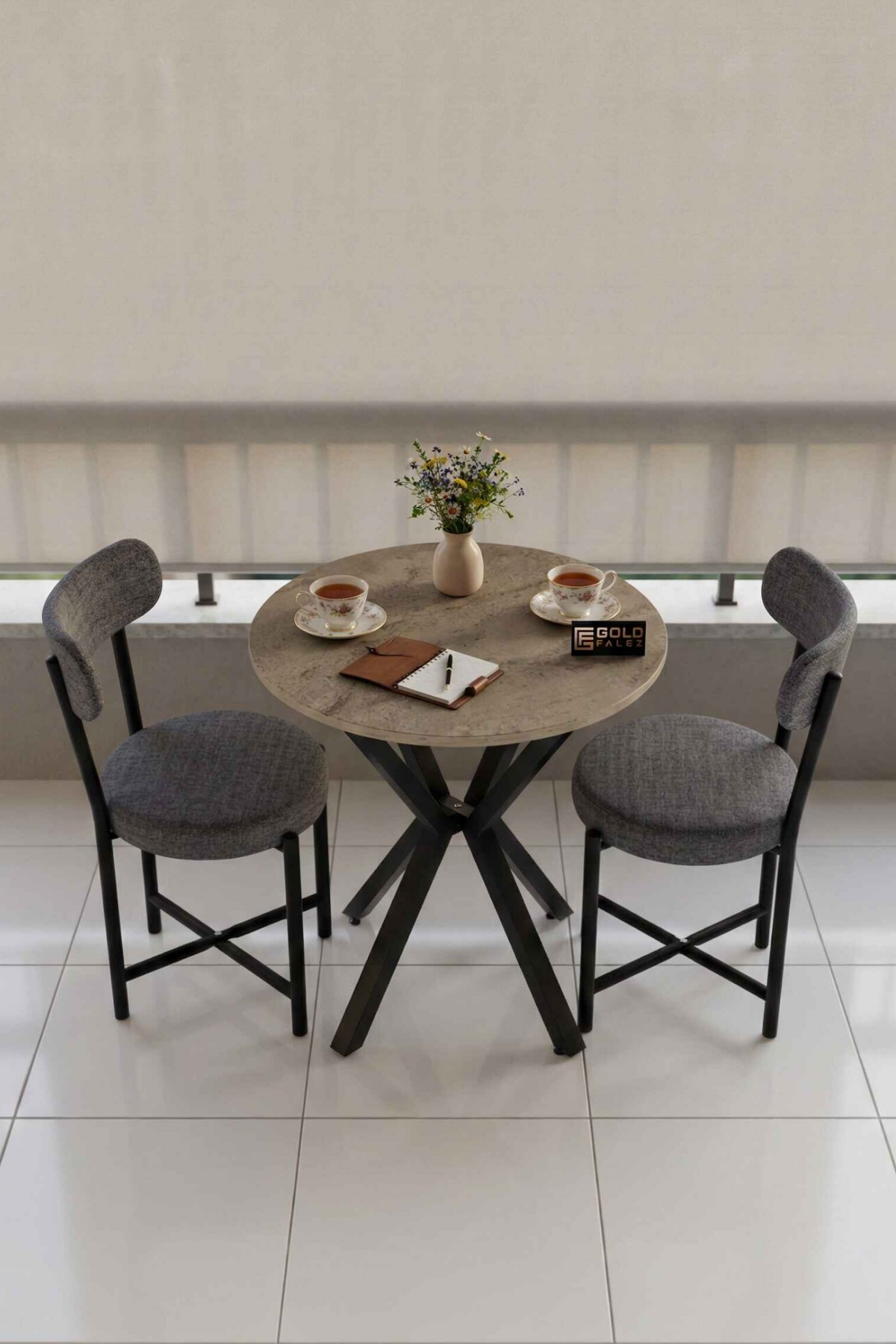 Reyo Falez Teddy Mutfak Masası 70 Çap, Yuvarlak, 2 Sandalyeli  Bahçe Balkon Masa Takımı Modern Set Traverten - Gri