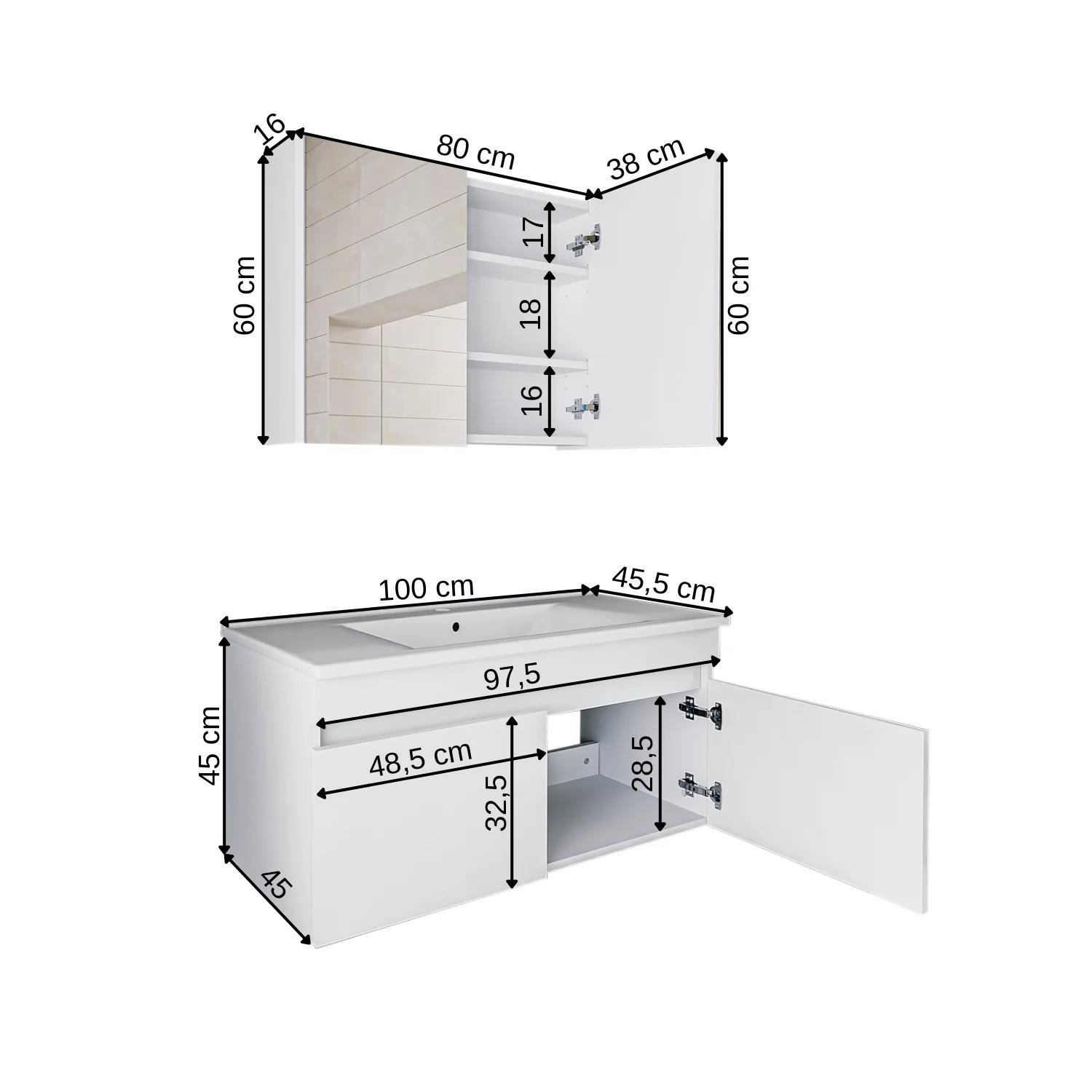 Roomart Al3 Ayaksız 2 Kapaklı Lavabolu Mdf 65 Cm Banyo Dolabı Aynalı Üst Dolabı Atlas Çam-Beyaz