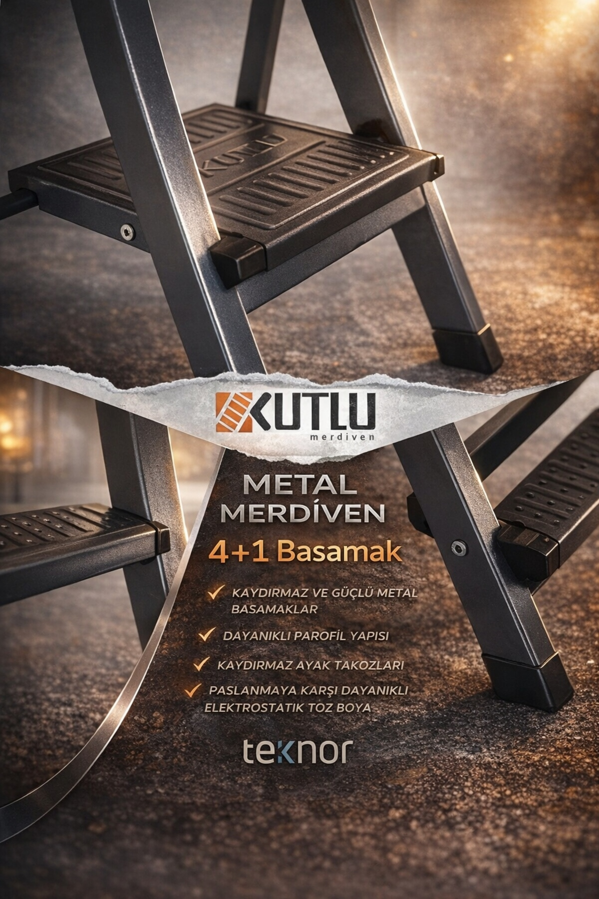 Reyo Kutlu Dayanıklı 4+1 Metal Basamaklı Katlanır Merdiven – Kaymaz Basamaklı Ev Tipi Portatif Merdiven