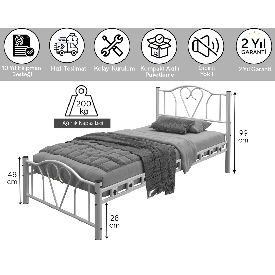 Reyo Pero Sultan Tek Kişilik Başlıklı Metal Beyaz Karyola 90x190