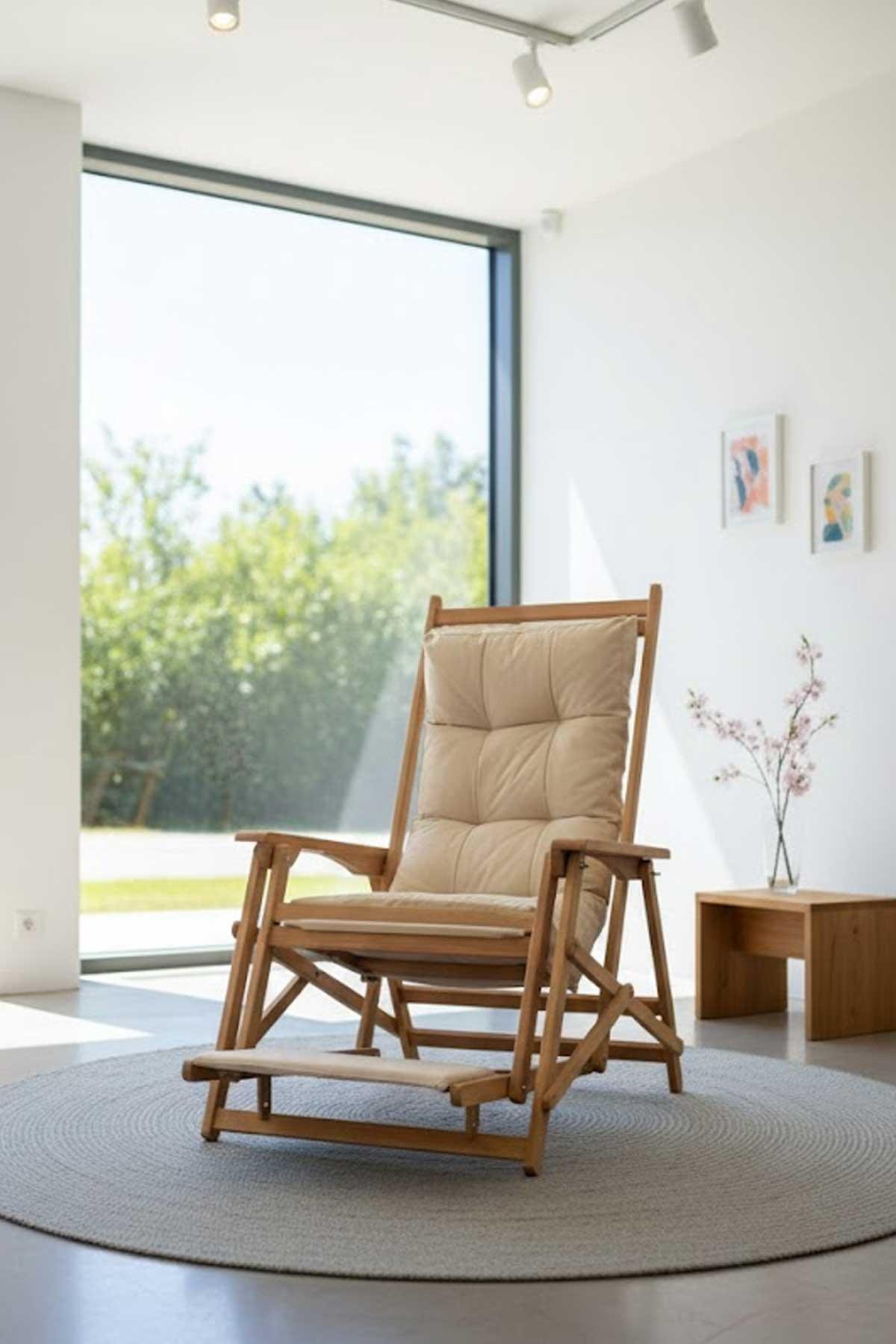 Reyo Lara Yaylanır Şezlong, Dinlenme Koltuğu, Baba Koltuğu, Bahçe Balkon Sandalyesi Krem