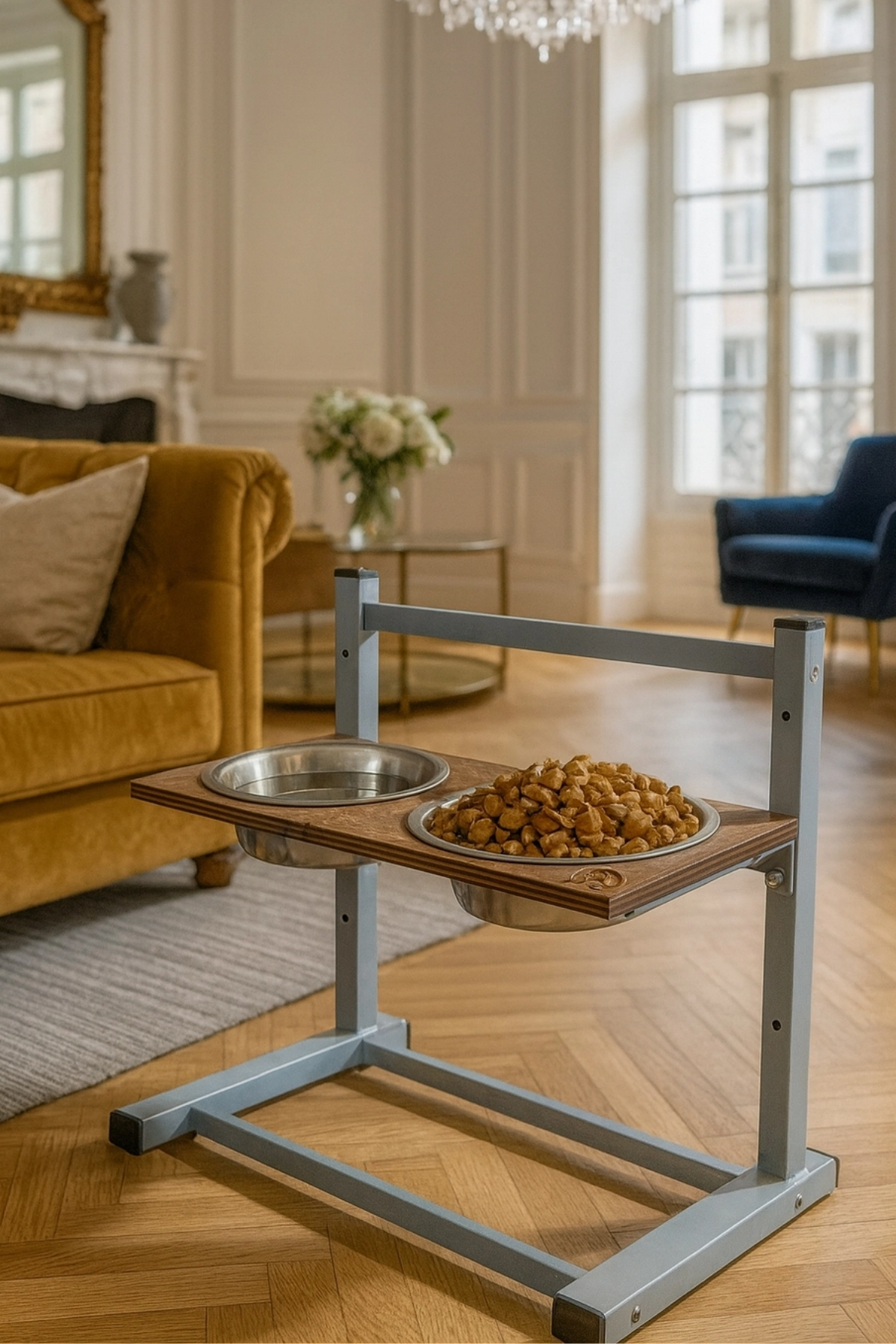 Reyo OK-AY Store Aybisev Büyük ve Orta Boy Köpekler İçin Ayarlanabilir 3 Yükseklikli Paslanmaz Çelik Mama ve Su Kabı Standı Gri-Ceviz