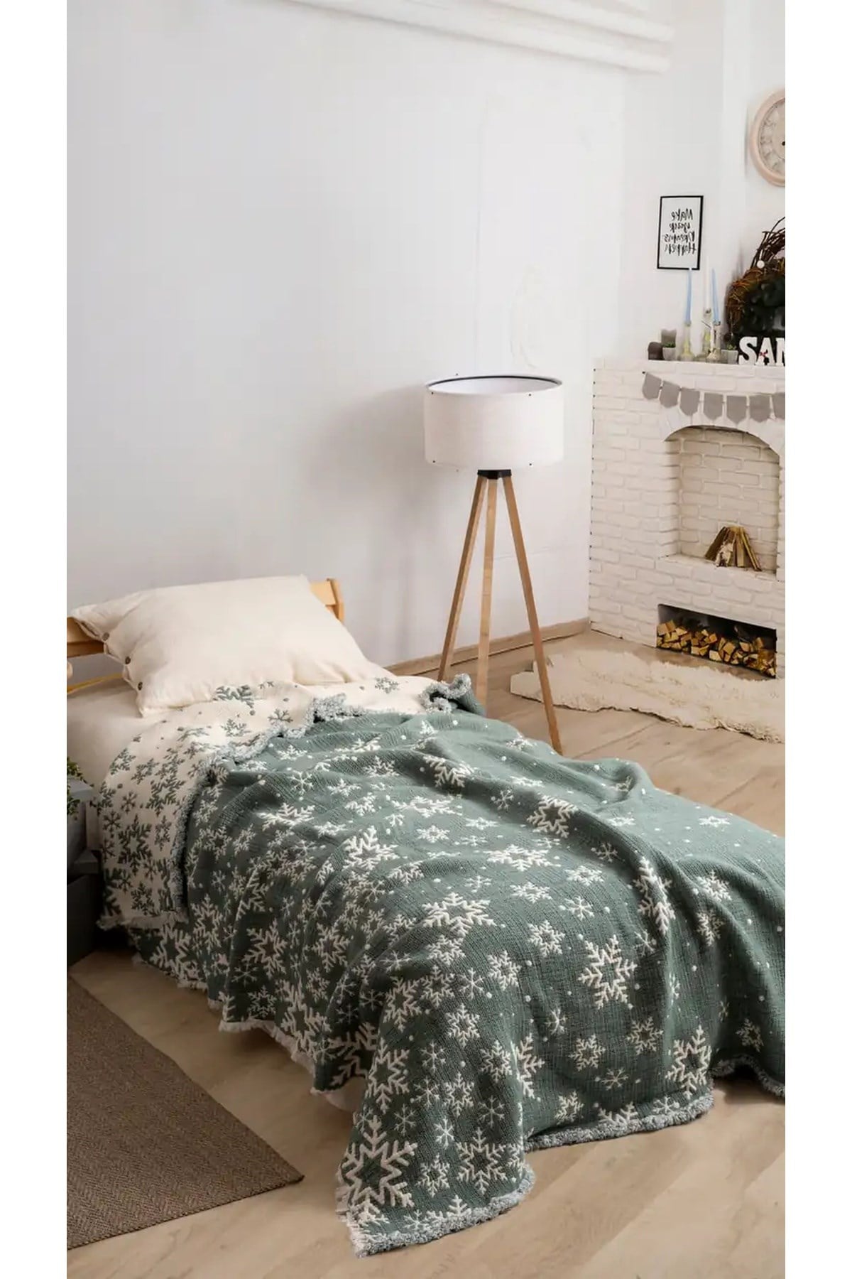 Mylasa Home Yılbaşı Temalı Kar Tanesi Desenli Müslin Yorgan, %100 Pamuk, Çift Kişilik, Yeşil